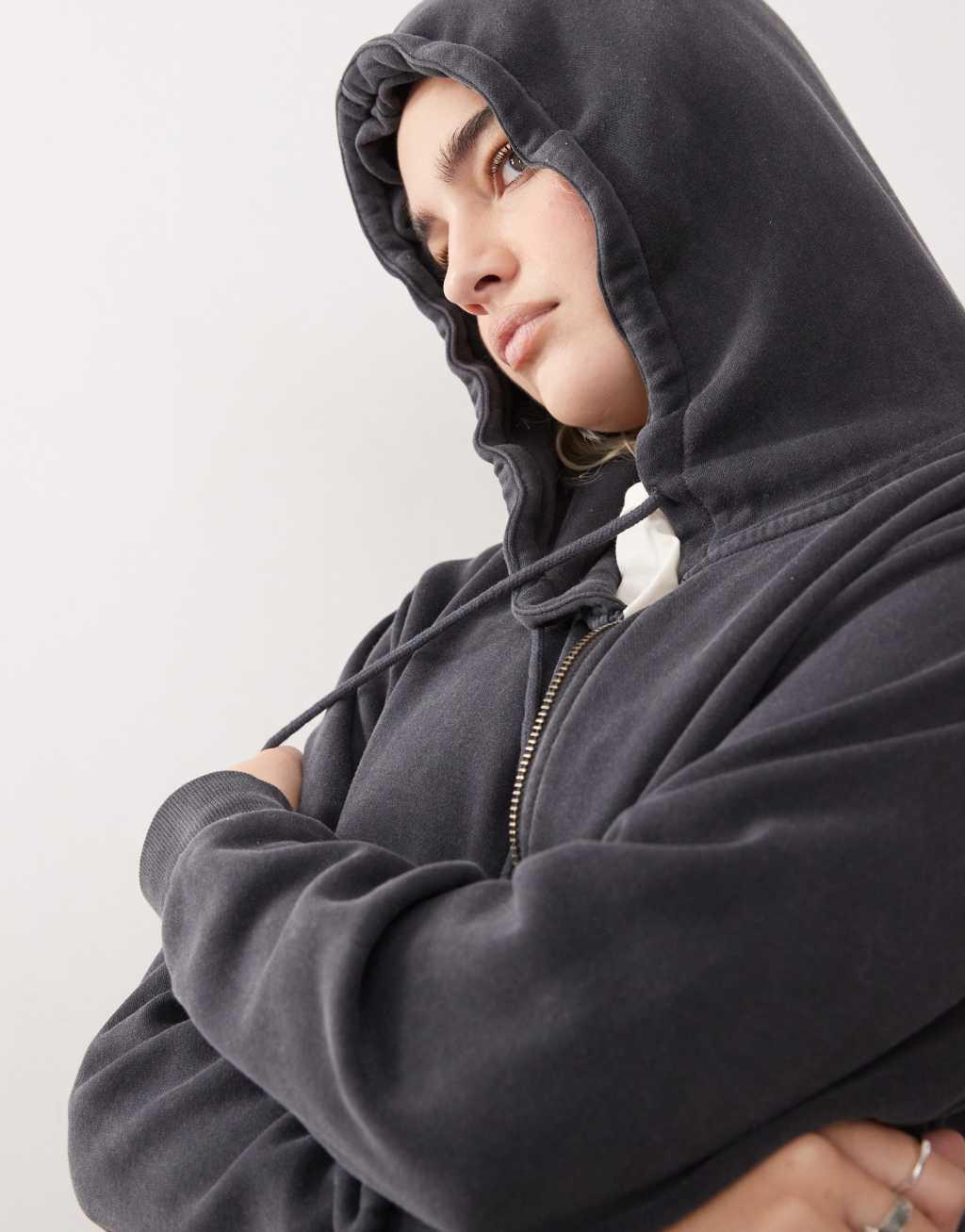 Monki cropped oversized zip up hoodie in washed black Product Image