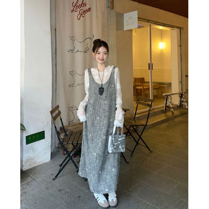 Long-Sleeve V-Neck Sheer Lace Top / Sleeveless Scoop Neck Bow Embroidered Slit Maxi Jumper Dress Product Image