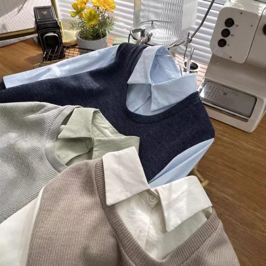 Long-Sleeve Collared Mock Two-Piece Two Tone Asymmetrical Blouse Product Image