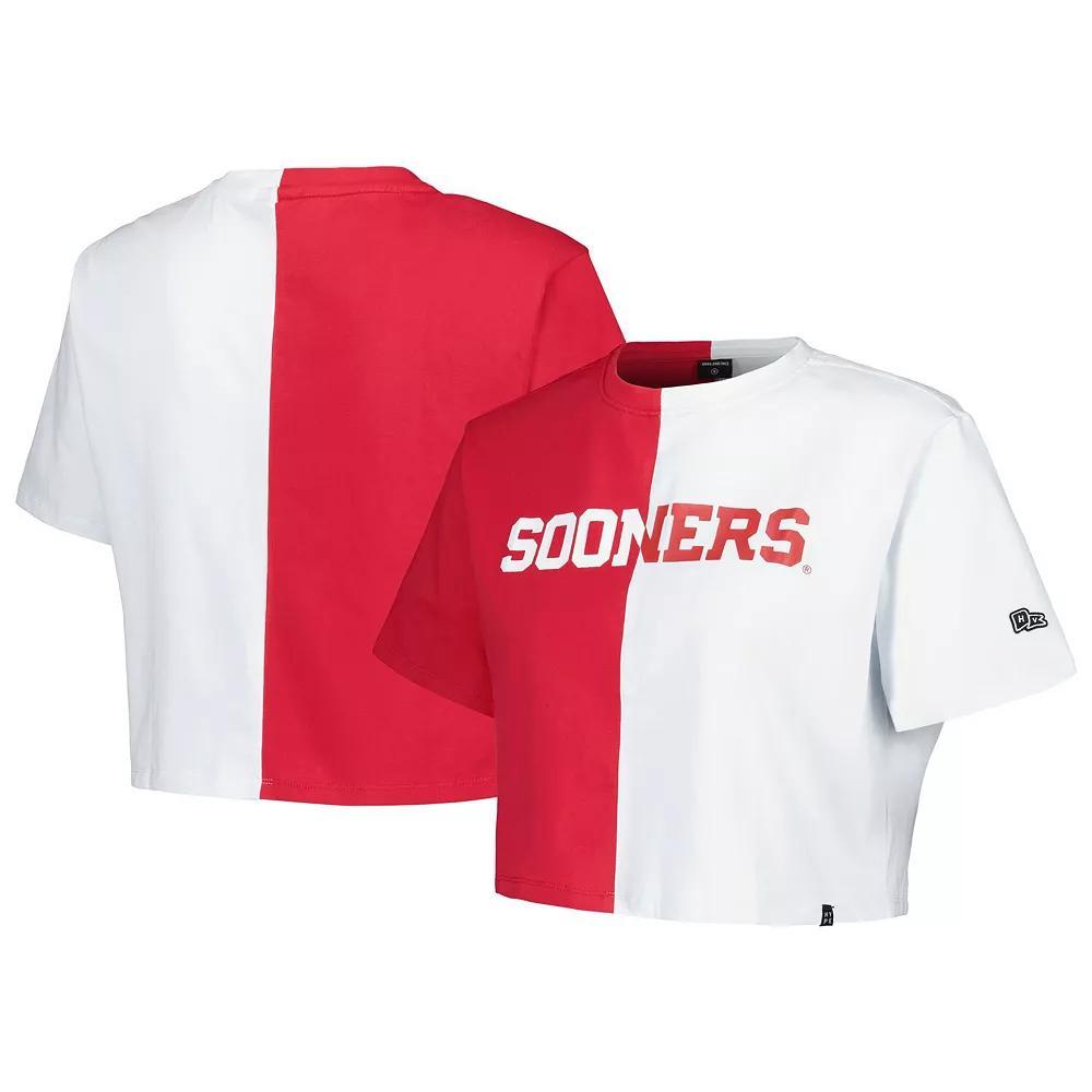 Women's Hype and Vice Crimson/White Oklahoma Sooners Color Block Brandy Cropped T-Shirt, Size: XL, Red Product Image