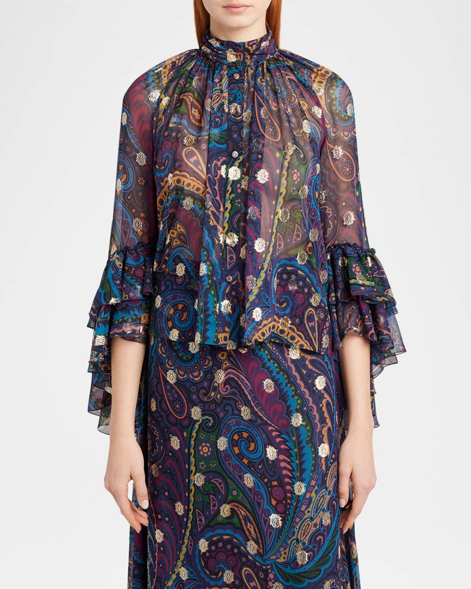Emerald Paisley Ruffle Fil Coupe Blouse Product Image