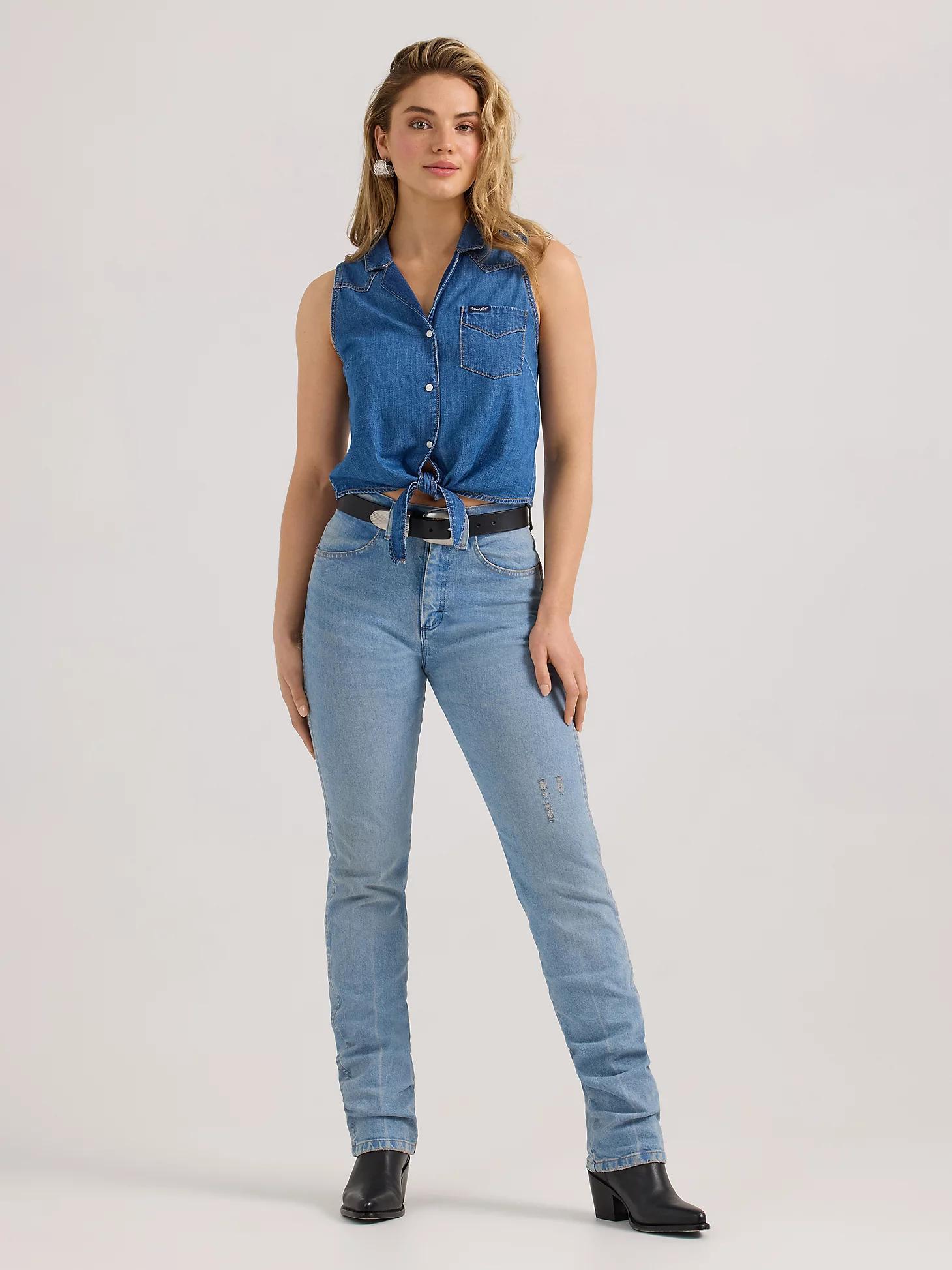 Women's Denim Sleeveless Tie Front Shirt | Women's TOPS | Wrangler® Product Image