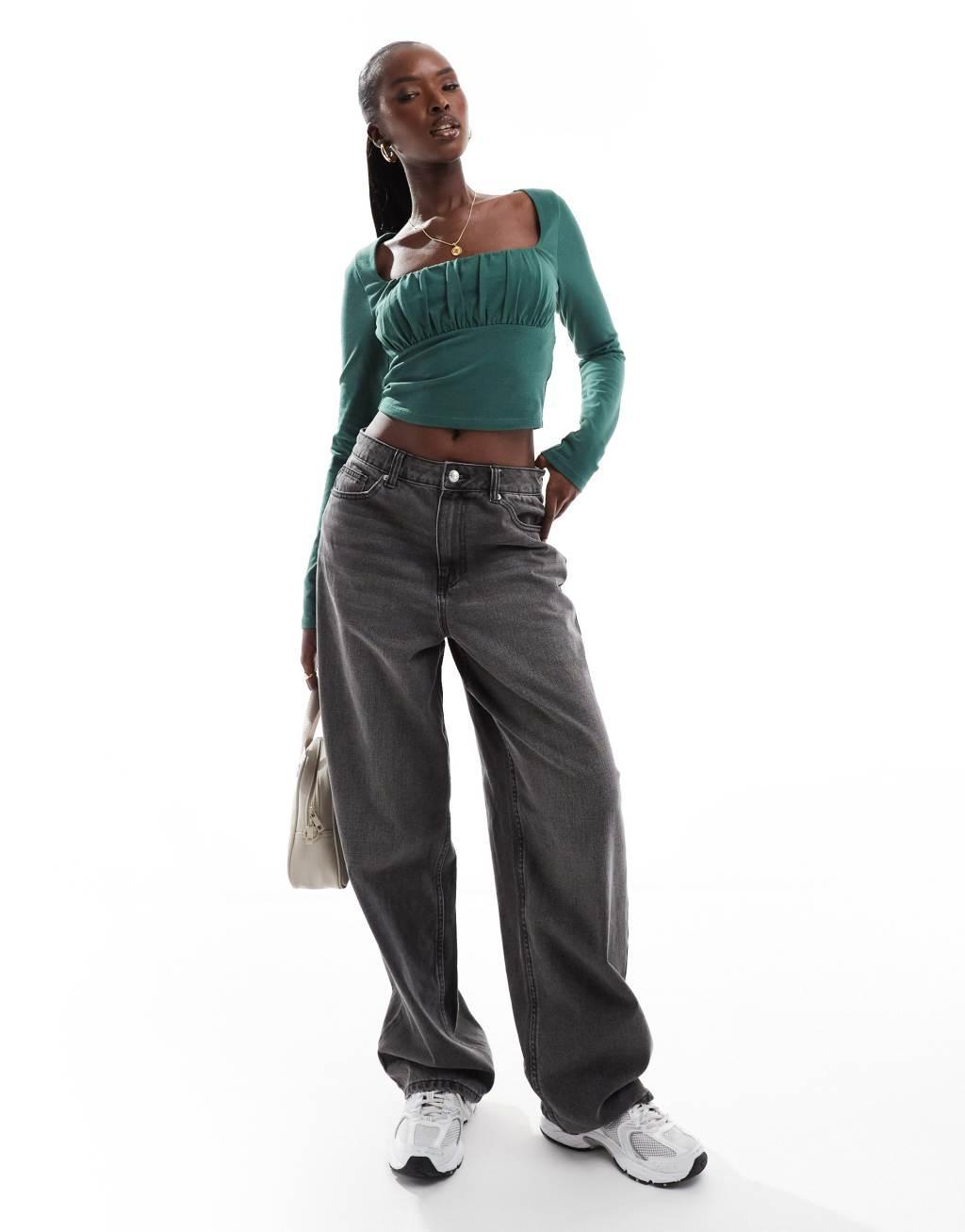ASOS DESIGN gathered bust detail long sleeve top in bottle green Product Image