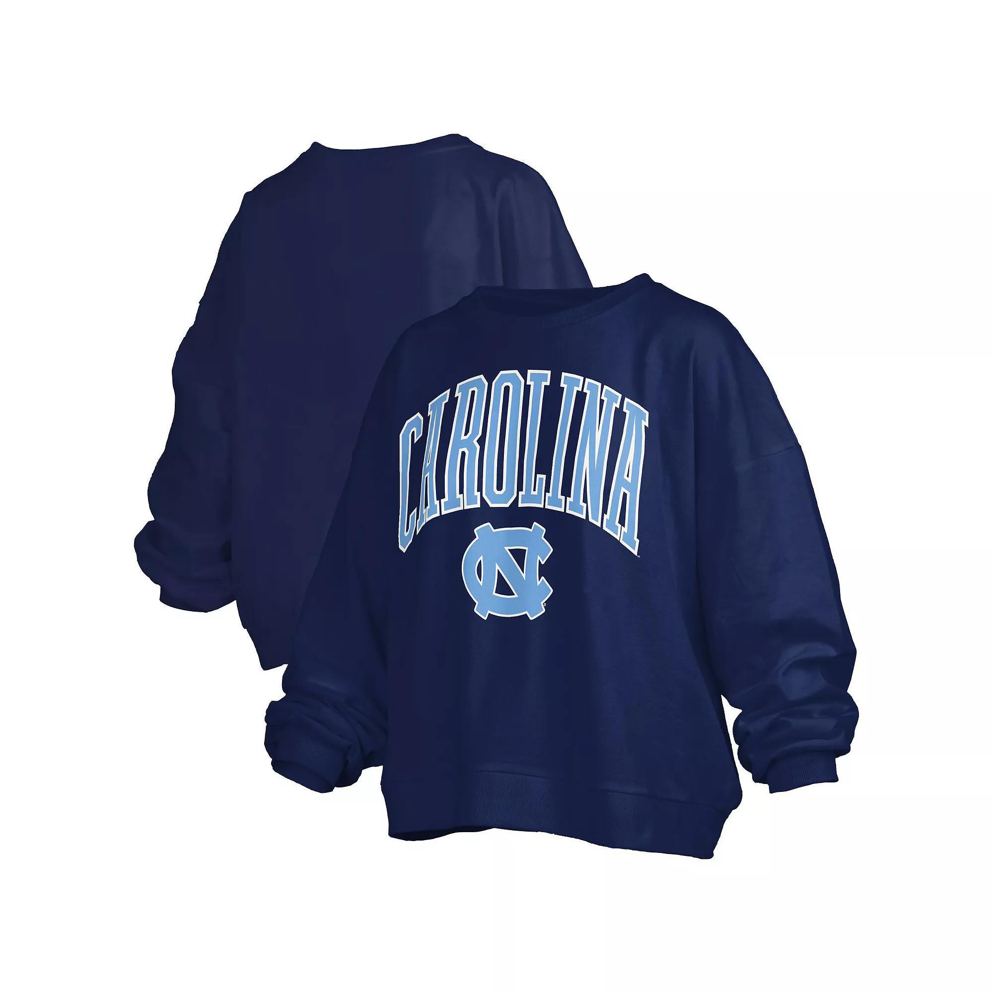Women's Pressbox Navy Michigan Wolverines Janise Arch Over Logo Waist Length Oversized Pullover Sweatshirt, Size: 2XL, Blue Product Image