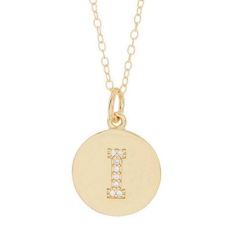 Adornia 14k Gold Plated Cubic Zirconia Engraved Letter Disc Pendant Necklace, Women's, Size: 18", Gold Tone T Product Image