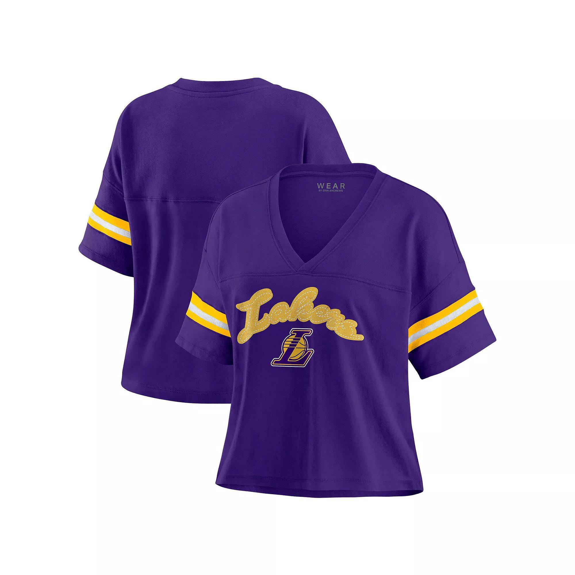 Women's WEAR by Erin Andrews Purple Los Angeles Lakers Plus Size Color Block Boxy V-Neck T-Shirt, Size: 1XL Product Image