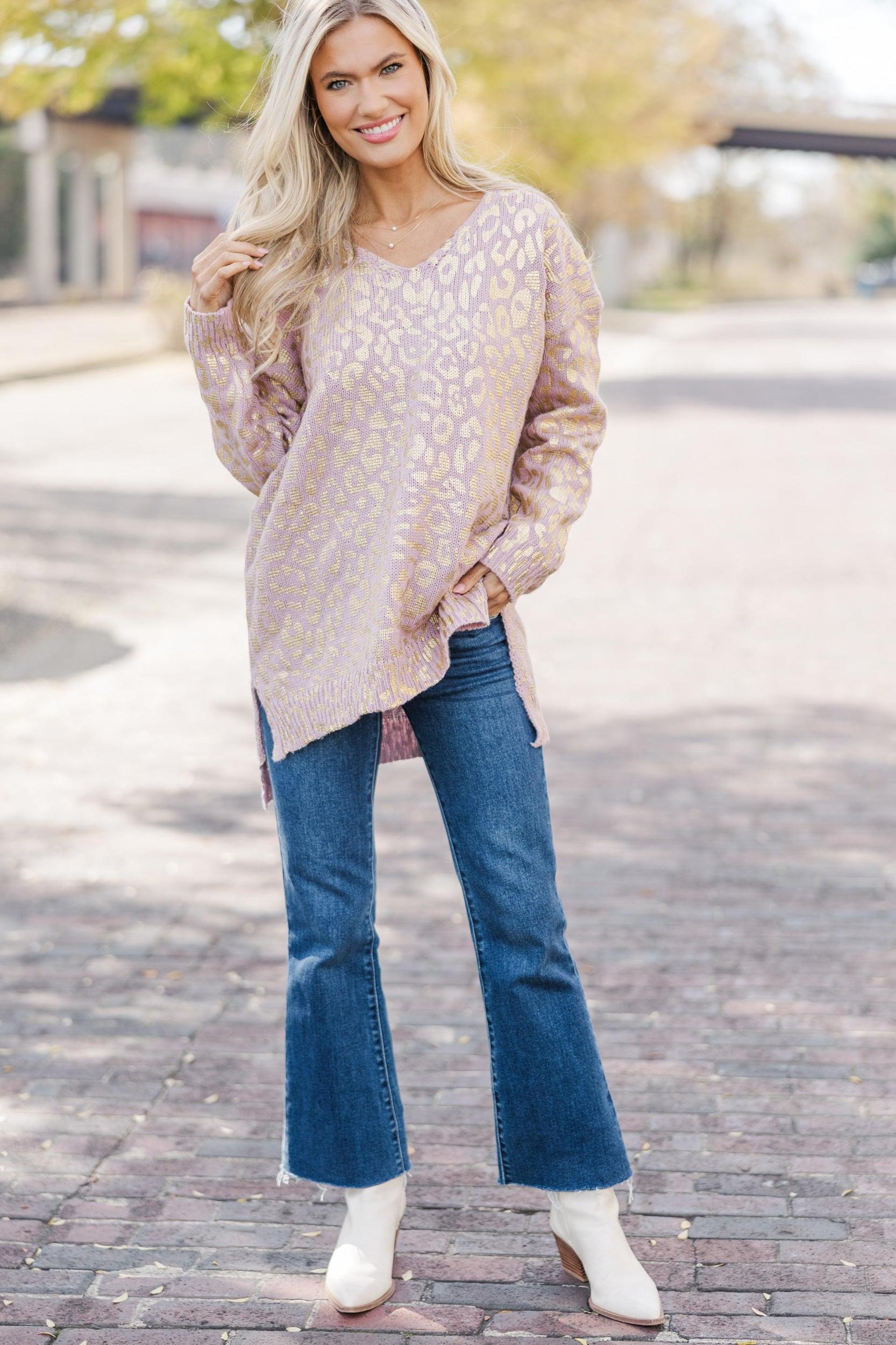 Don't Let Me Go Mauve Pink Metallic Leopard Sweater Female Product Image