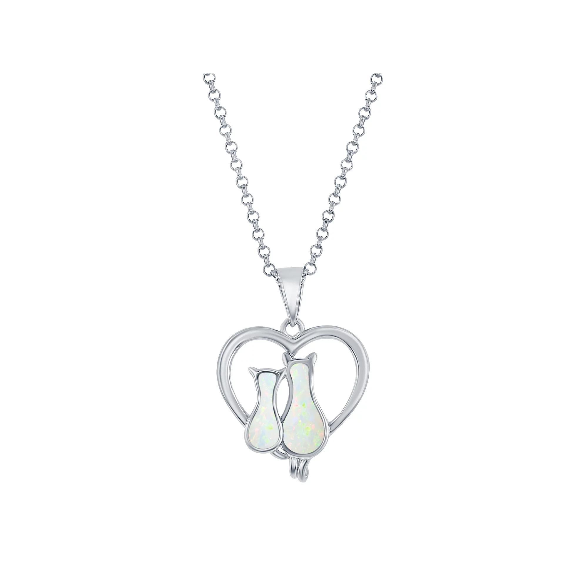 Sterling Silver Lab-Created White Opal Cats In Heart Necklace, Women's, Size: 18" Product Image