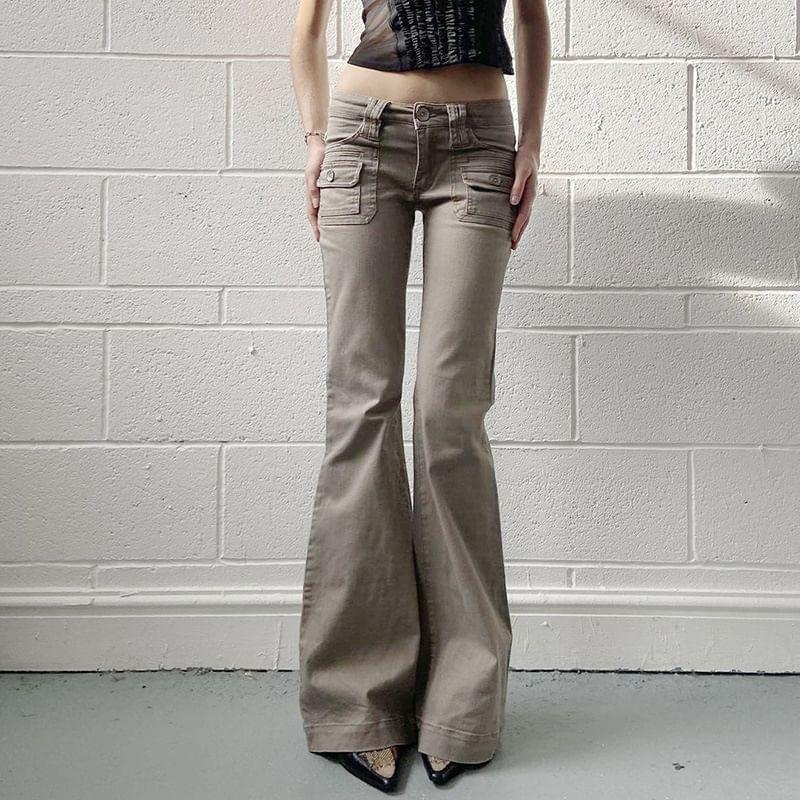 Low Waist Plain Pocket Slim-Fit Boot-Cut Cargo Pants Product Image