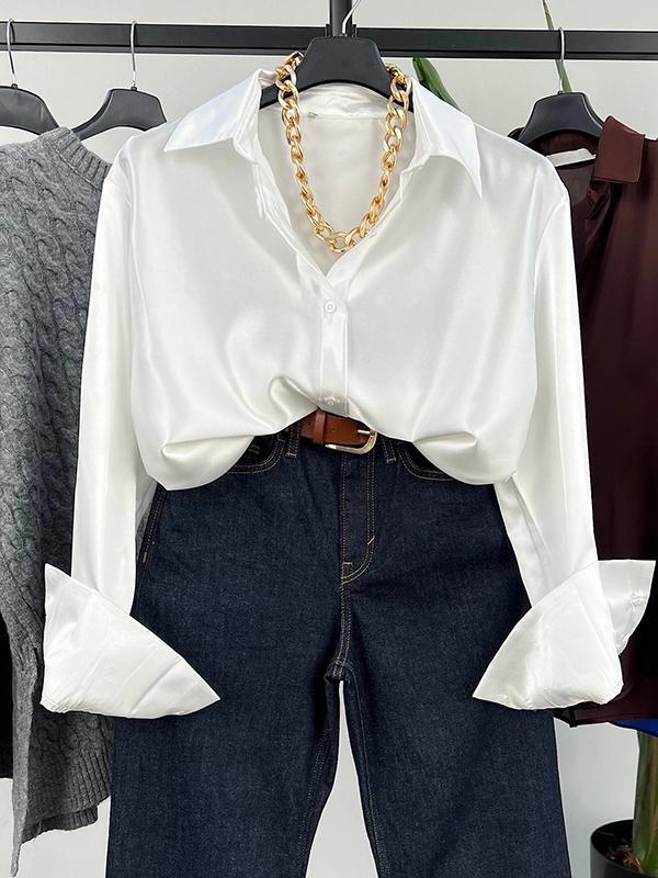 Long Sleeves Loose Buttoned Shiny Solid Color Lapel Blouses&Shirts Tops Product Image