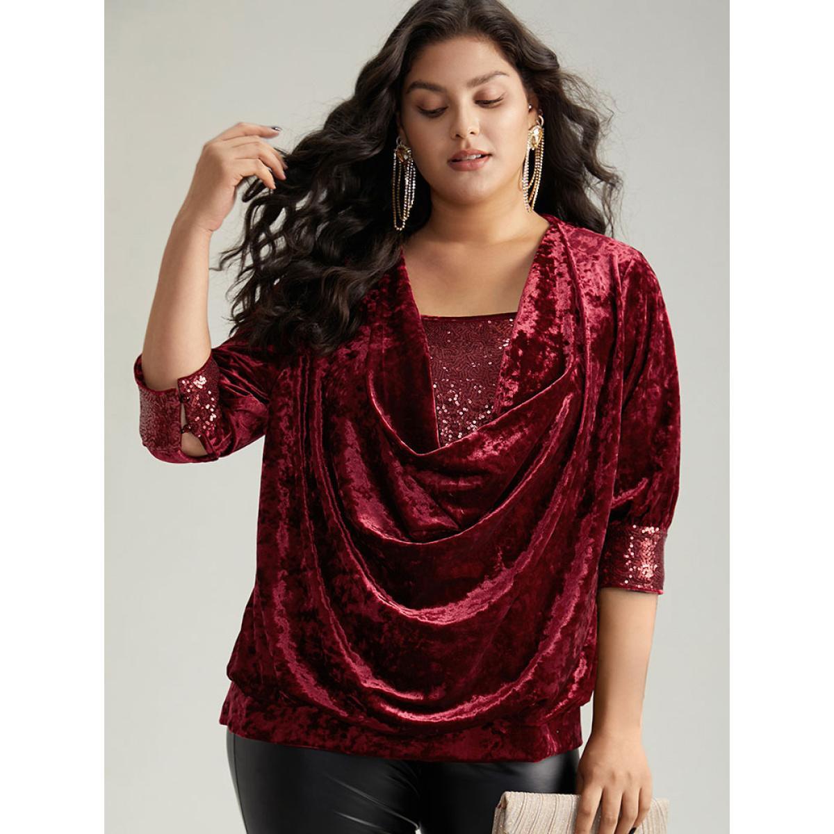 Plus Size Scarlet Cowl Neck 2-In-1 Sequin Patchwork Blouse Women Cocktail Elbow-length sleeve Cowl Neck Party Blouses BloomChic 10/M Product Image