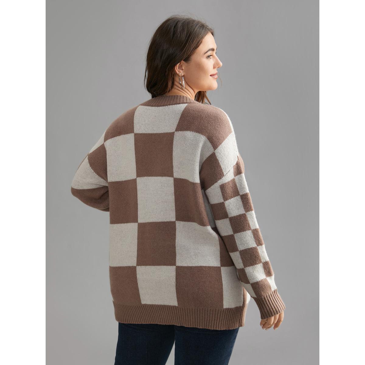 Plus Size Checkered V-Neck Button Front Knit Cardigan LightBrown Women Casual Loose Long Sleeve Everyday Cardigans BloomChic 28/5X Product Image