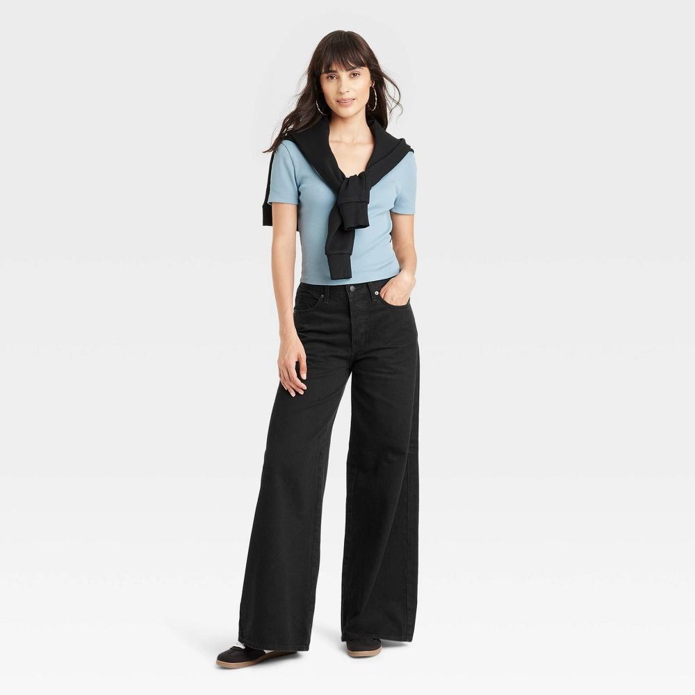 Womens Mid-Rise Super Wide Leg Jeans - Universal Thread Black 8 Product Image