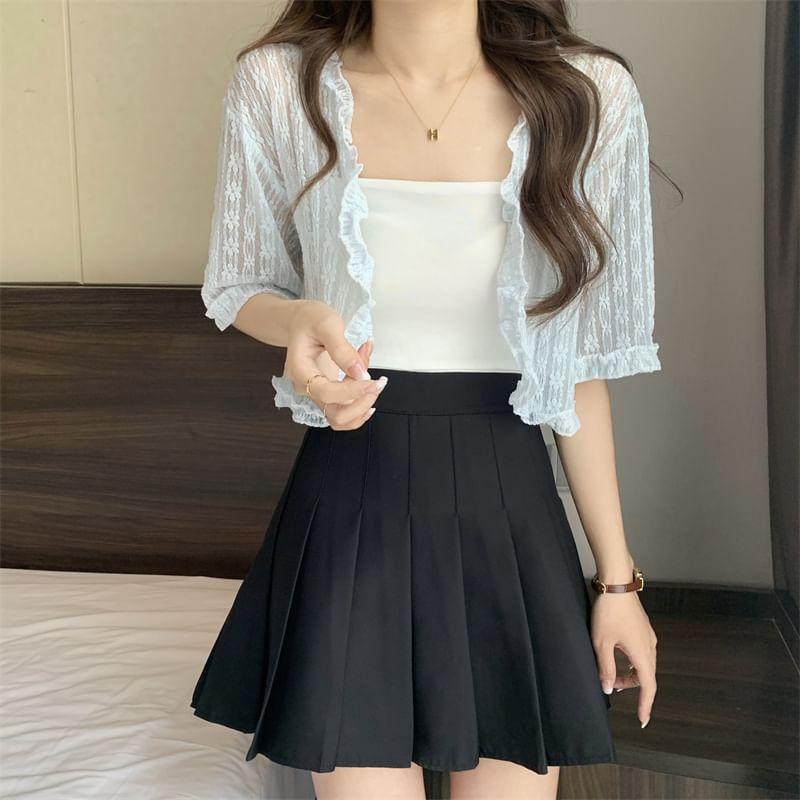 Short-Sleeve Lace Open Front Crop Light Jacket / Camisole Top Product Image