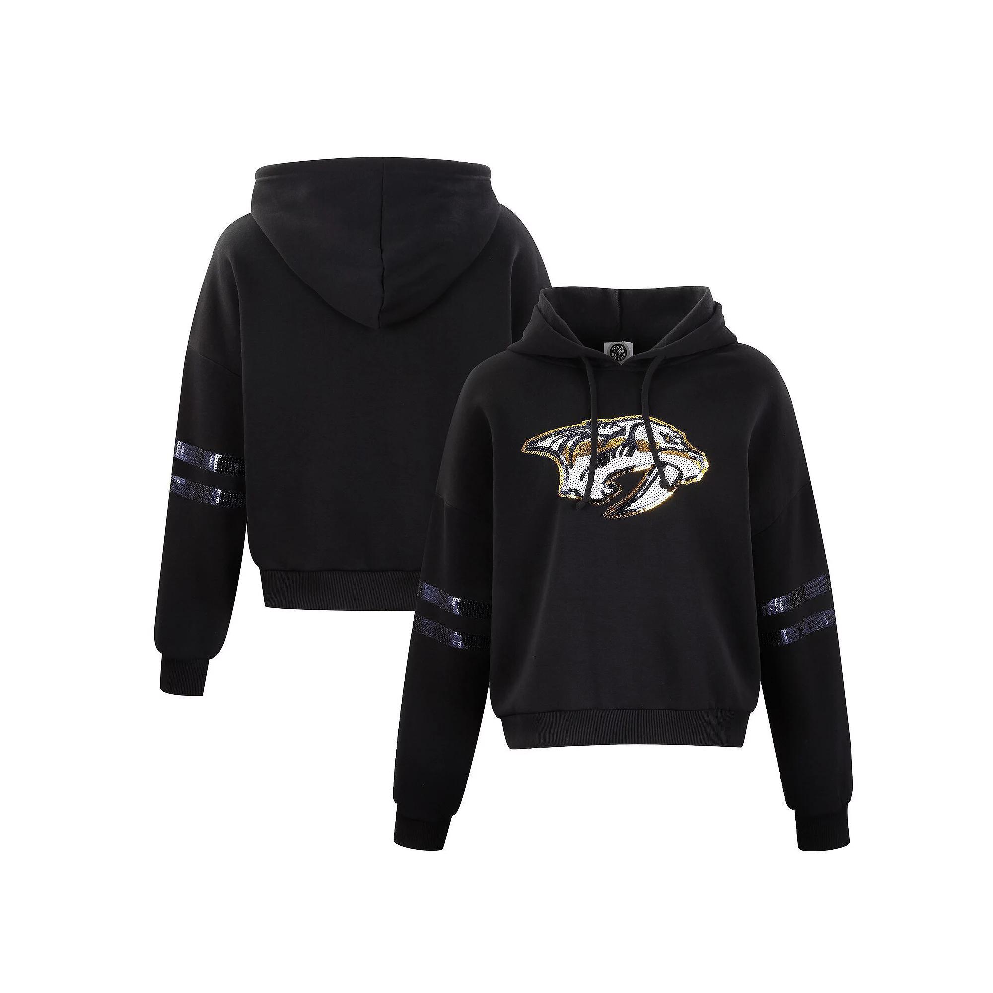 Women's Cuce Black Nashville Predators Sequin Cropped Pullover Hoodie, Size: 2XL, Pdt Black Product Image