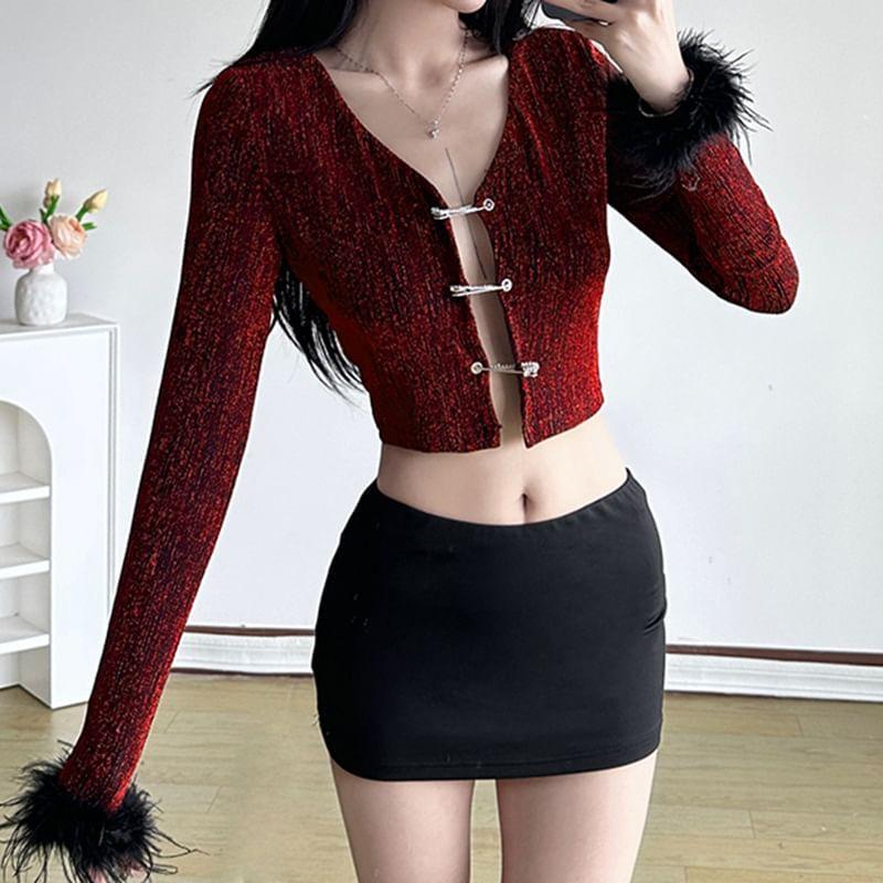 Long Sleeve Faux Fur Trim Slim-Fit Crop Cardigan Product Image