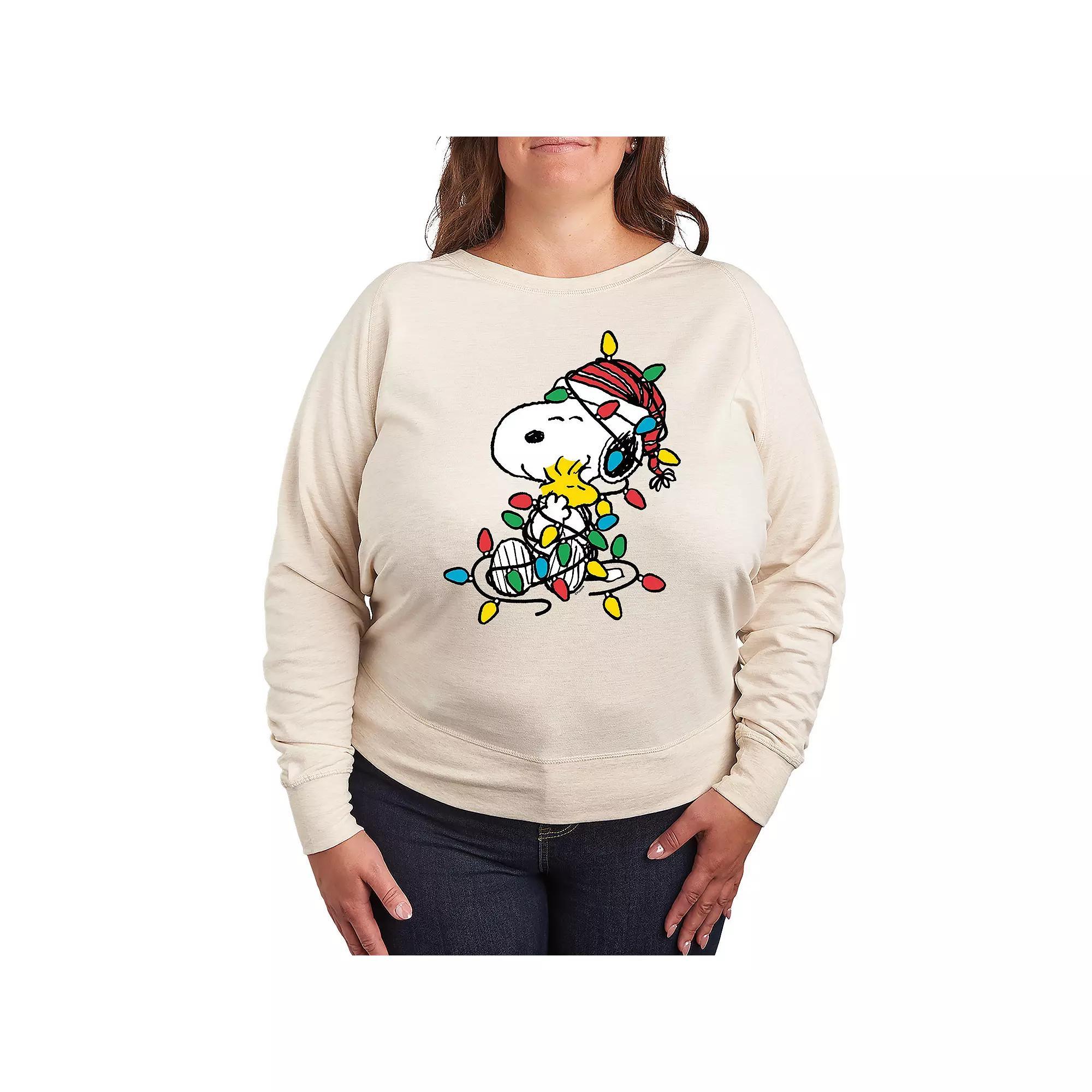 Women's Peanuts Snoopy & Woodstock Christmas Lights French Terry Long Sleeve Tee, Size: 1XL, Beige Product Image