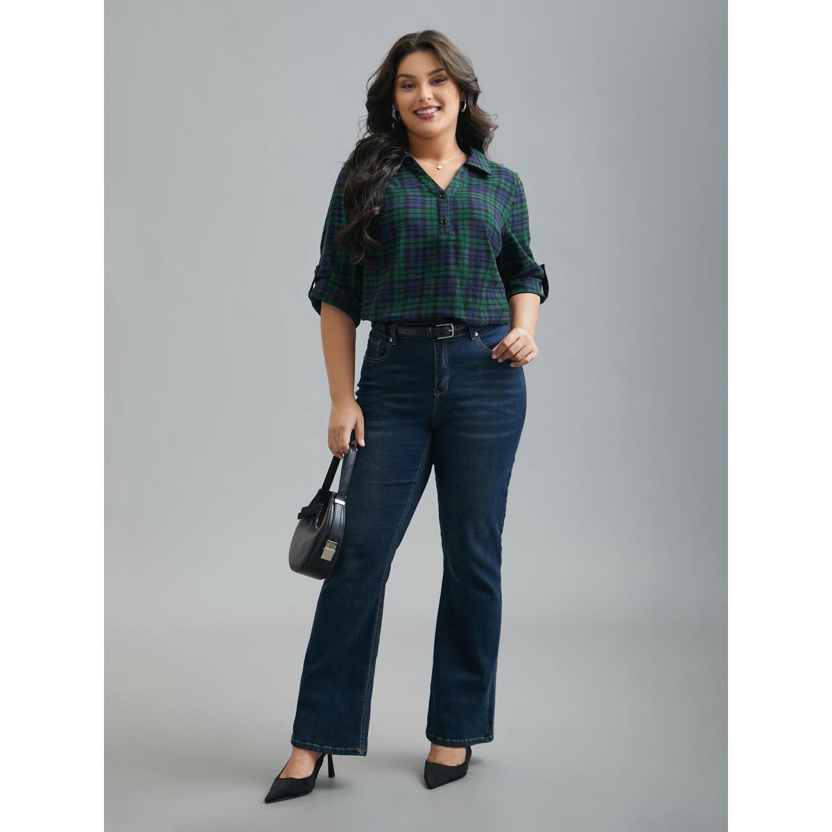 Plus Size DarkGreen Plaid Print Tab Sleeve Blouse Women At the Office Elbow-length sleeve Shirt collar Work Blouses BloomChic 18-20/2X Product Image