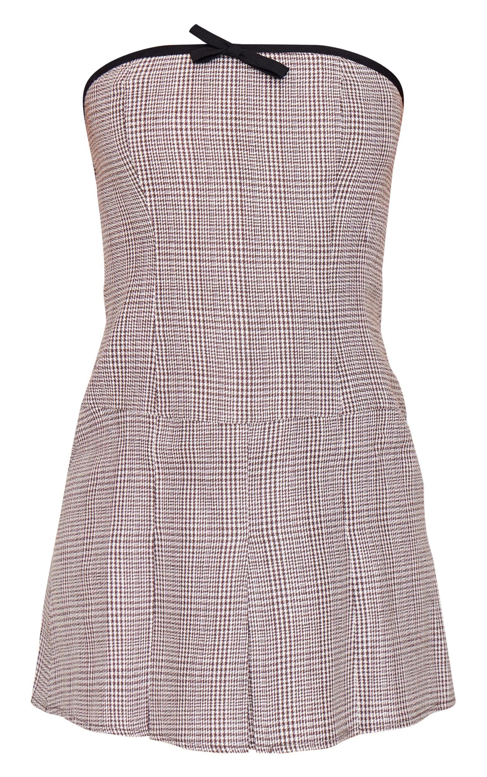 Brown Check Bandeau Bow Detail Shift Dress Product Image