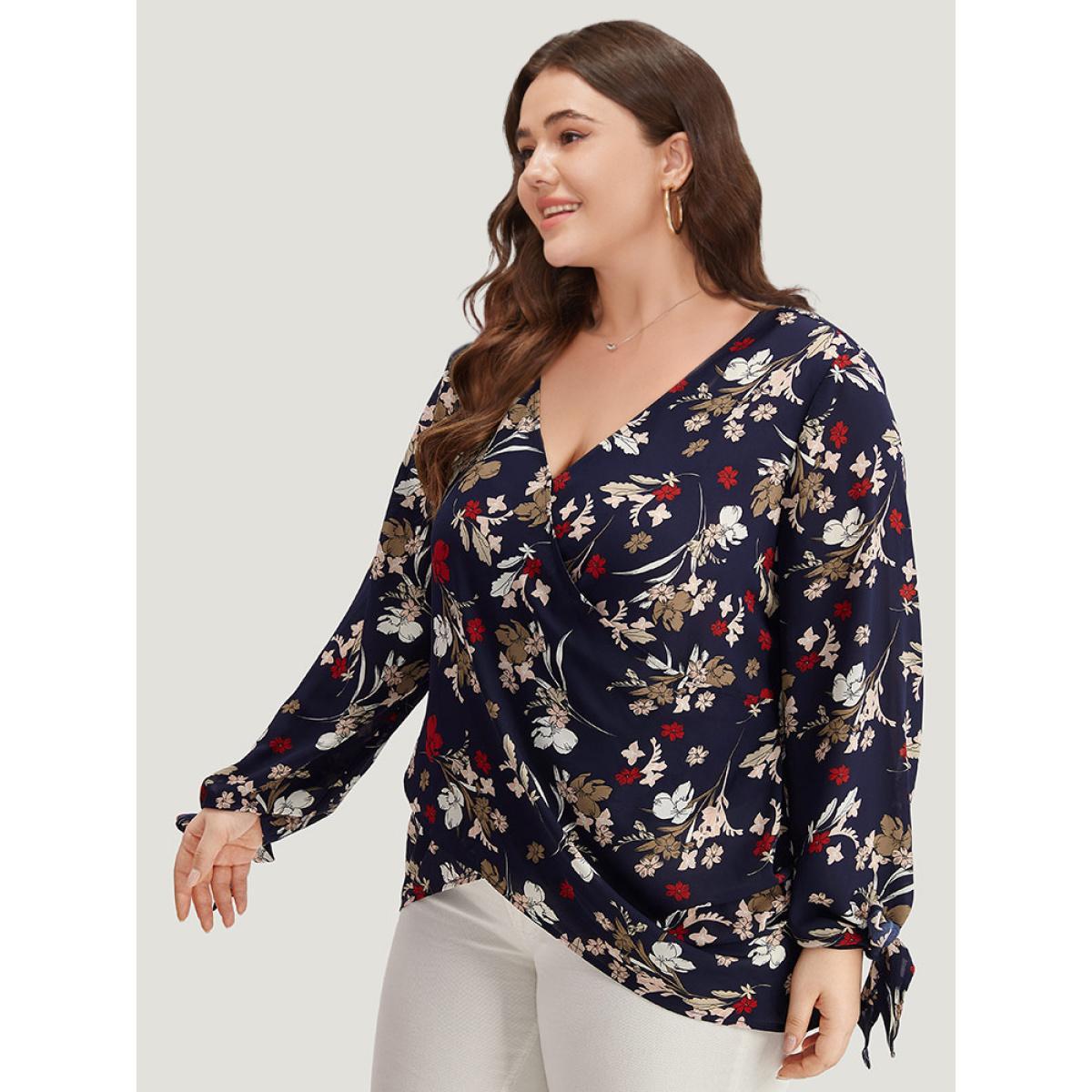Plus Size Indigo Floral V Neck Wrap Twist Sleeve Blouse Women Elegant Long Sleeve V-neck Dailywear Blouses BloomChic 10/M Product Image