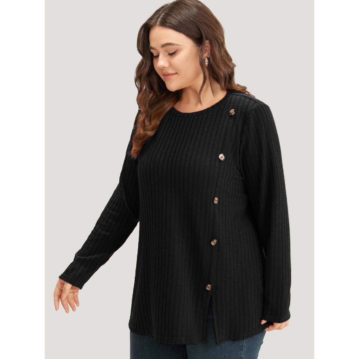 Plus Size Rib Knit Button Detail Split Side T-shirt Black Women Casual Texture Plain Round Neck Dailywear T-shirts BloomChic 26/4X Product Image