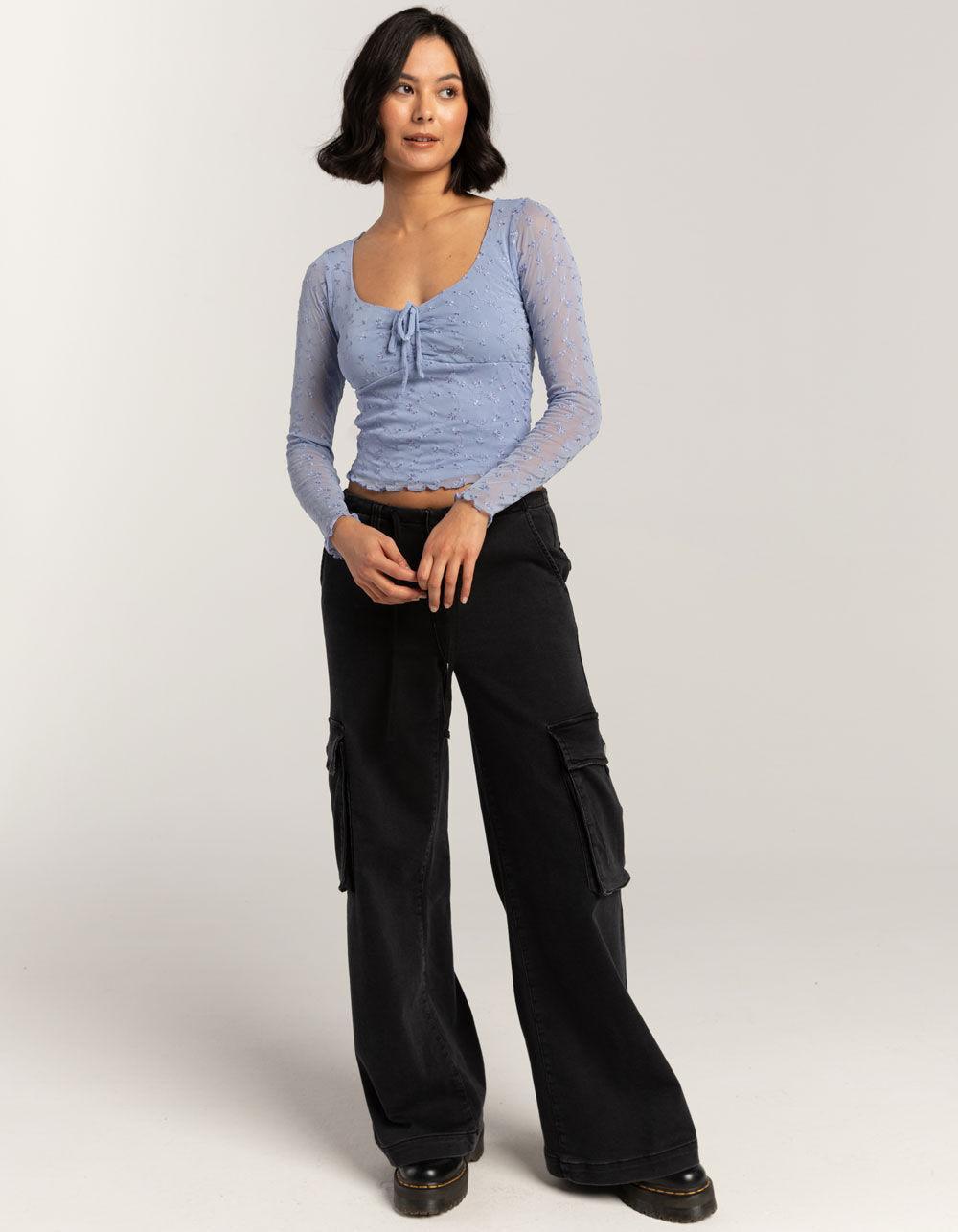 FULL TILT Embroidered Mesh Womens Long Sleeve Top - LAVENDAR Product Image