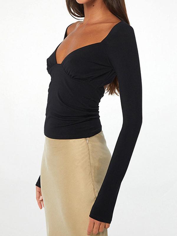 Solid Splice Cutout Backless Long Sleeve Tee Product Image