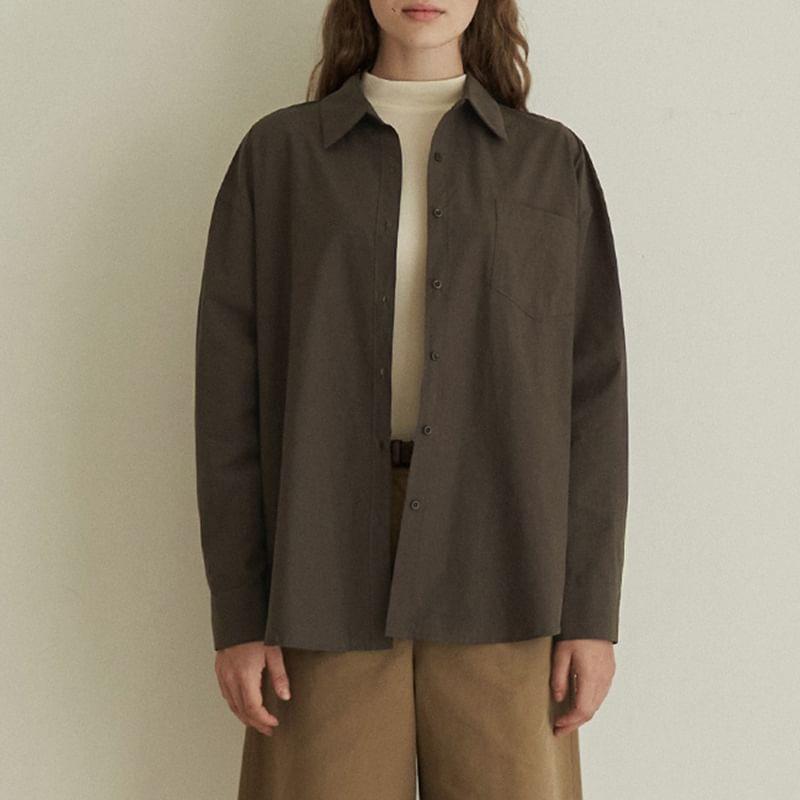 Long Sleeve Collared Plain Button Up Oversized Shirt Product Image