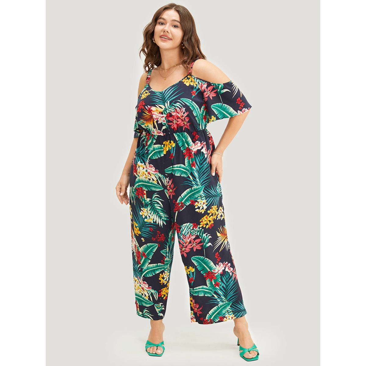 Plus Size Navy Tropical Print Pocket Cold Shoulder Jumpsuit Women Vacation Short sleeve Cold Shoulder Dailywear Loose Jumpsuits BloomChic 10/M Product Image