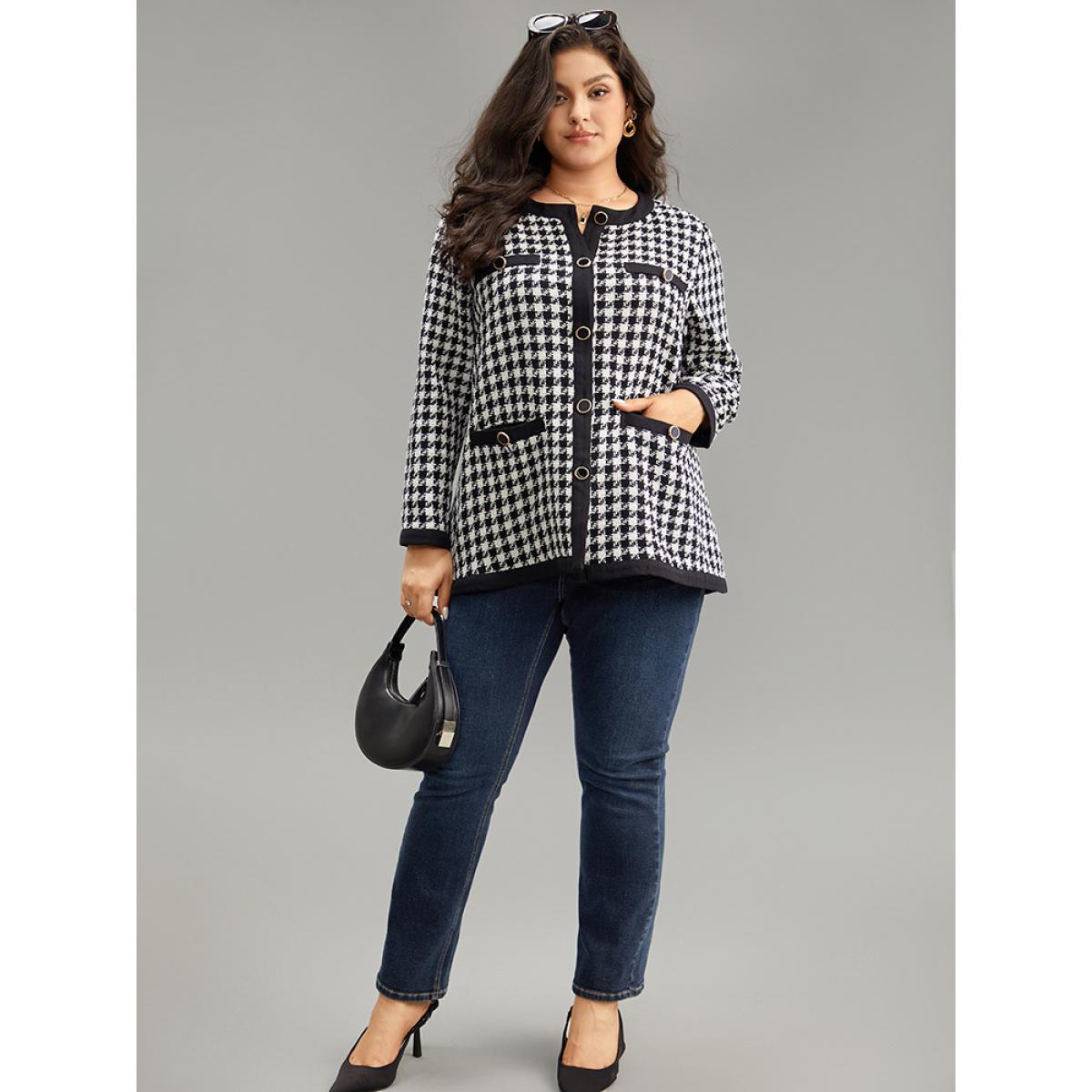 Plus Size Twill Houndstooth Button Detail Pocket Coat Women Black Elegant Texture Ladies Everyday Winter Coats BloomChic 10/M Product Image