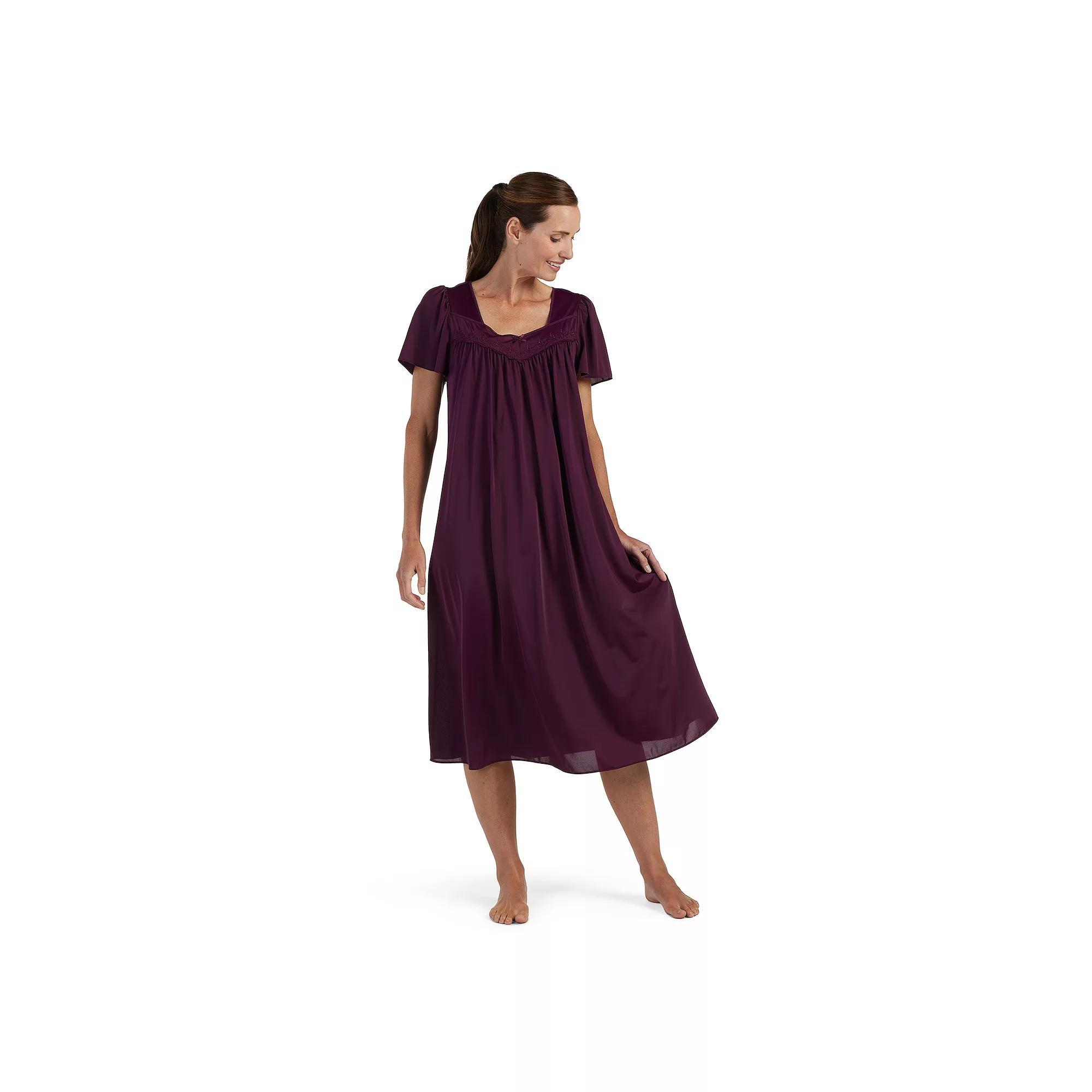 Women's Miss Elaine Essentials Tricot Long Gown with Flutter Sleeves, Size: Medium, Egg Plant Product Image