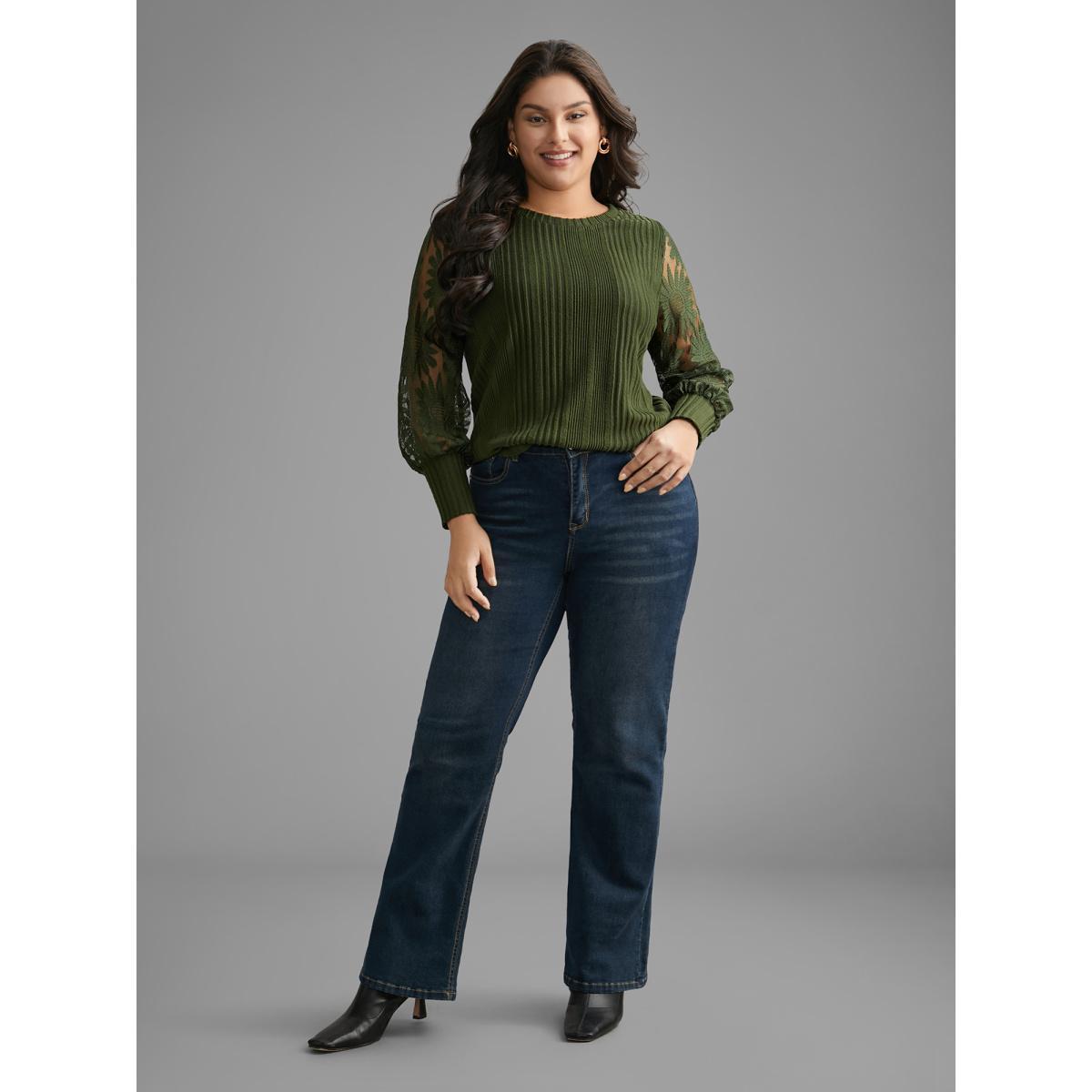 Plus Size Texture Lace Patchwork Mesh T-shirt DarkGreen Women Elegant Texture Round Neck Everyday T-shirts BloomChic 26/4X Product Image