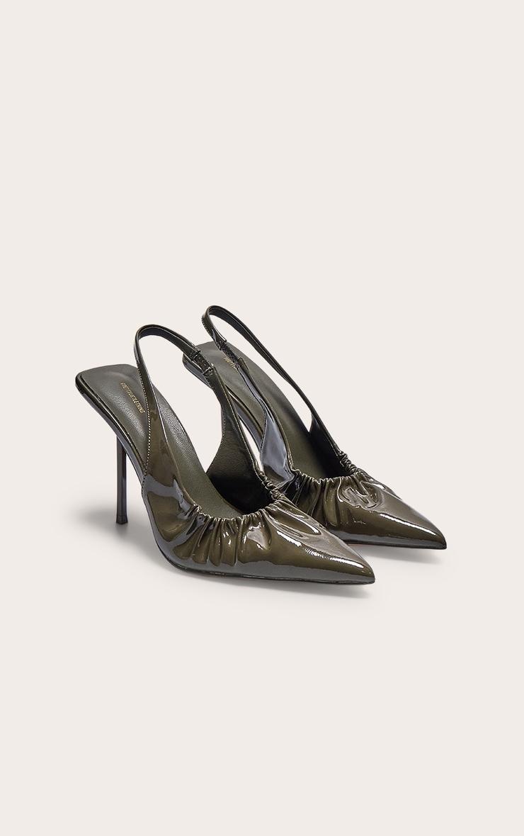 Olive Crinkle PU Point Toe Gathered High Stiletto Sling Back Court Heels Product Image