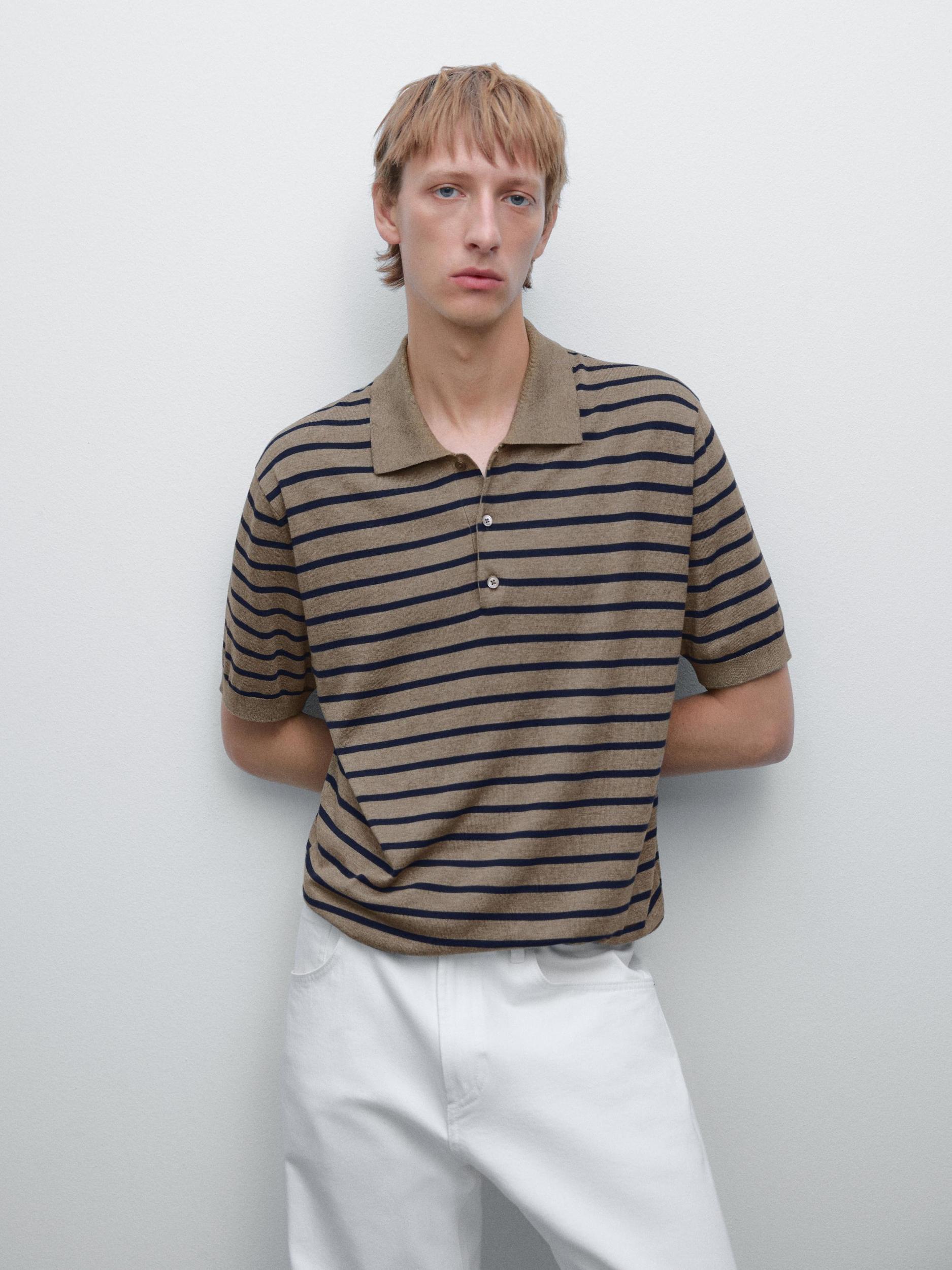 Short sleeve striped knit polo shirt Product Image