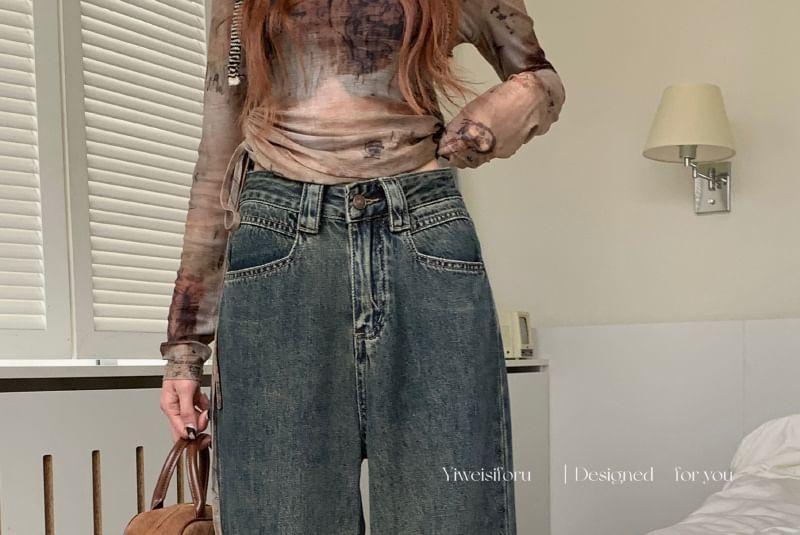 Mid Rise Washed Ripped Wide Leg Jeans Product Image