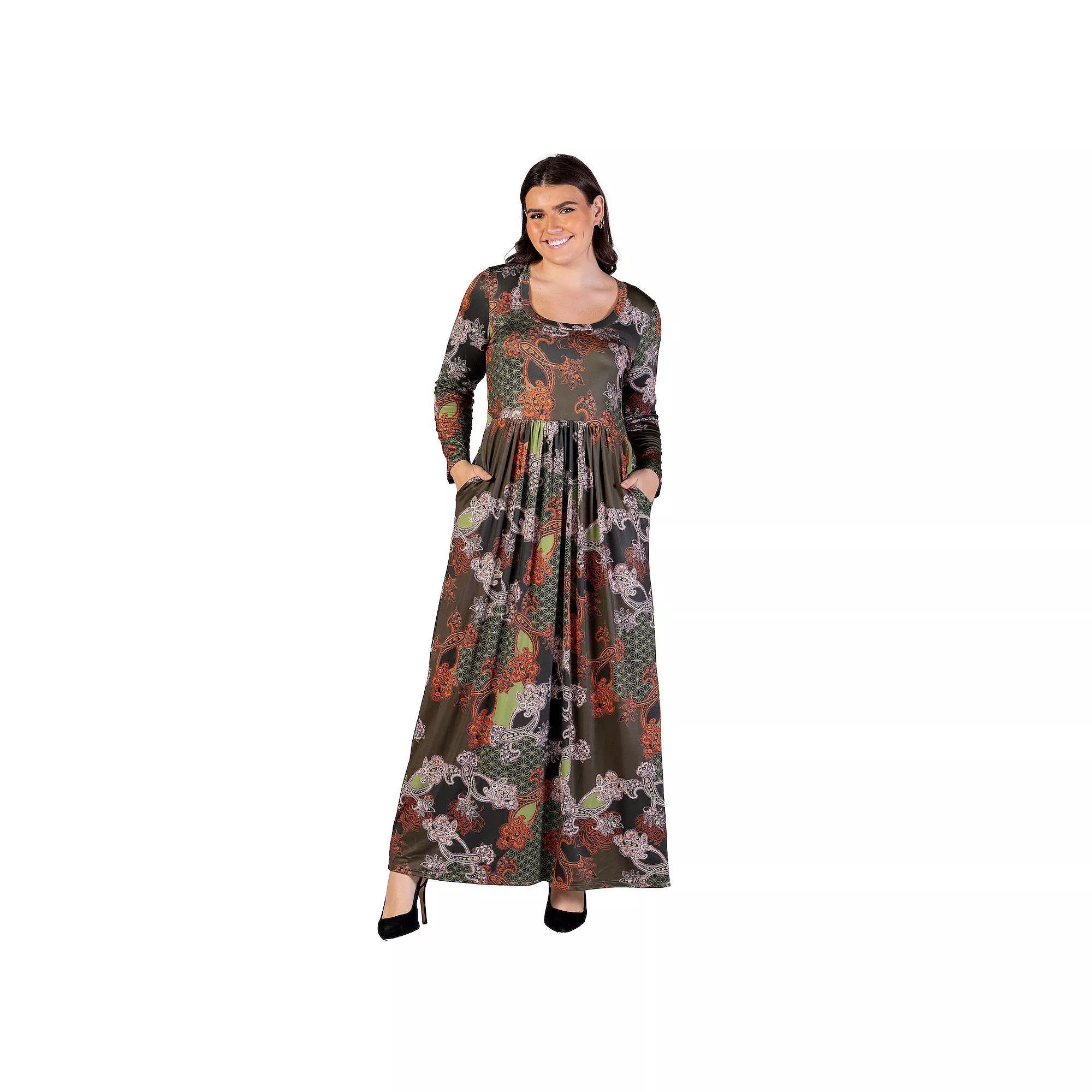 Plus Size 24Seven Comfort Apparel Green Long Sleeve Empire Waist Pocket Maxi Dress, Women's, Size: 1XL, Green Team Product Image