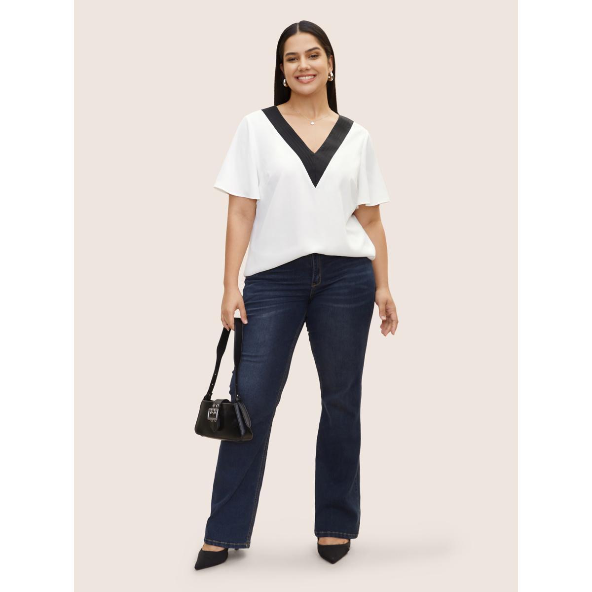 Plus Size WhiteSmoke Contrast Trim Pleated Flutter Sleeve Blouse Women At the Office Short sleeve V-neck Work Blouses BloomChic 22-24/3X Product Image