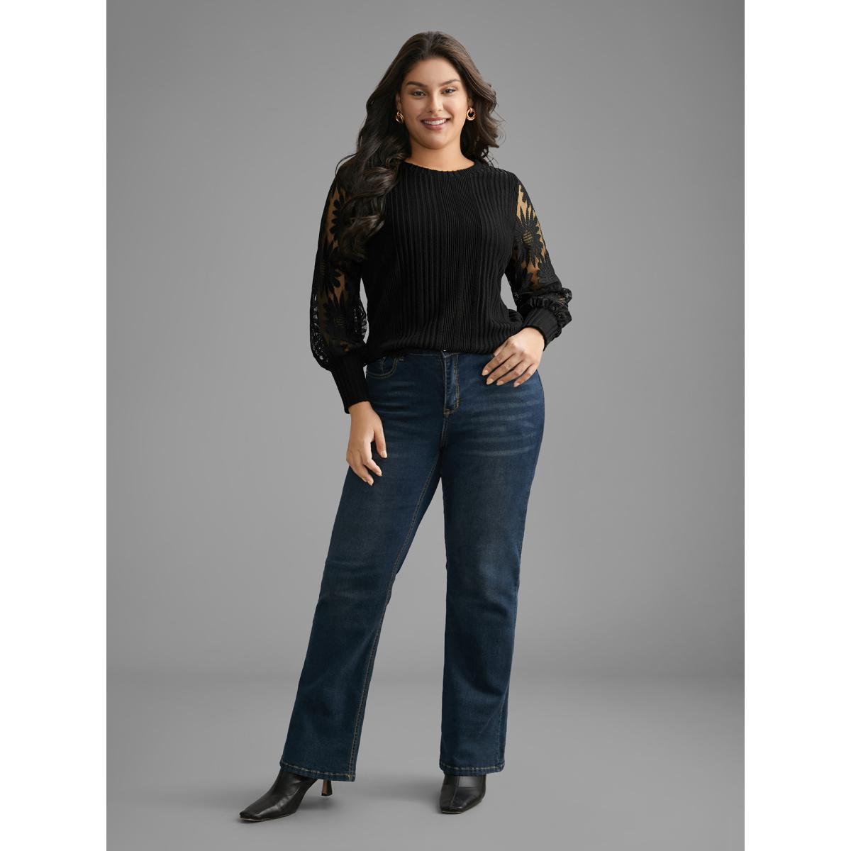 Plus Size Texture Lace Patchwork Mesh T-shirt Black Women Elegant Texture Round Neck Everyday T-shirts BloomChic 28/5X Product Image