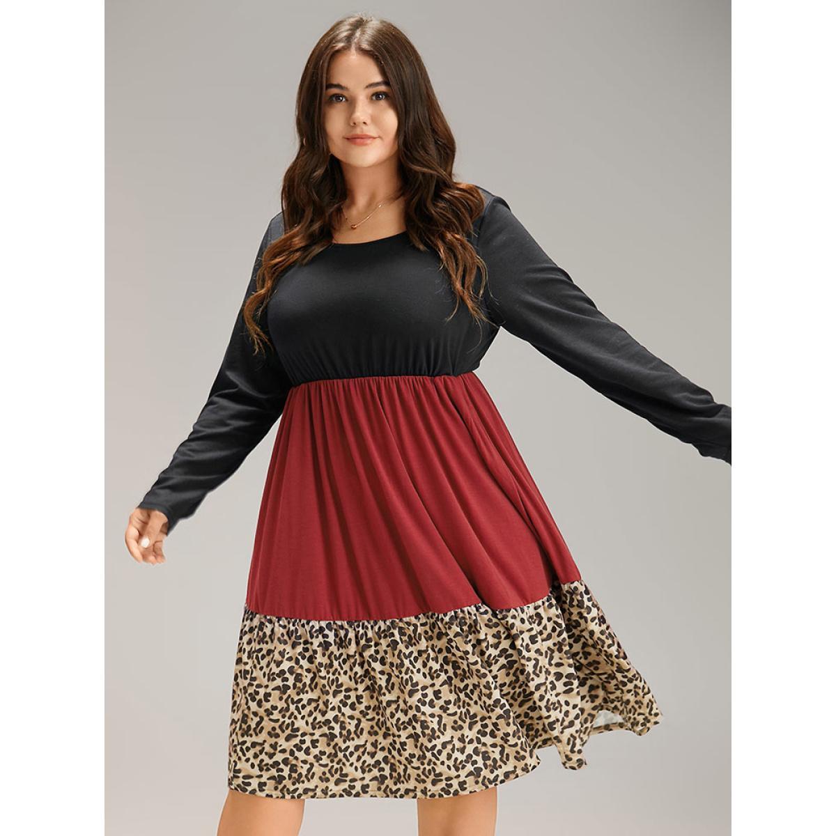 Plus Size Supersoft Essentials Colorblock Contrast Leopard Dress Black Women Casual Patchwork Round Neck Long Sleeve Curvy Midi Dress BloomChic 30/6X Product Image
