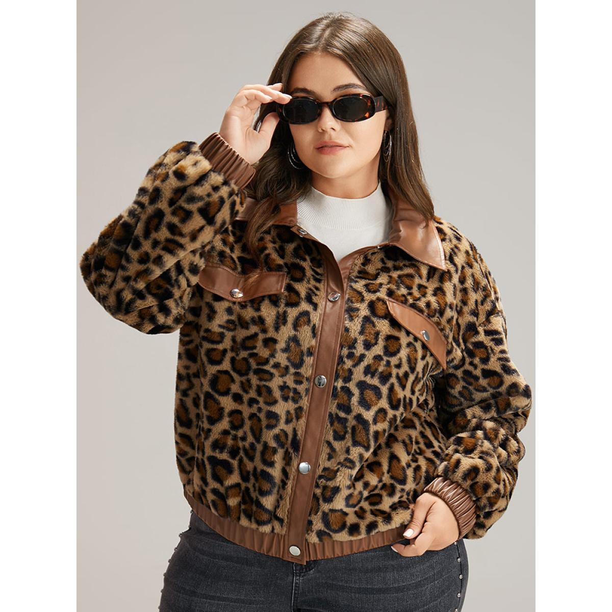 Plus Size Leopard Patchwork Button Through Jacket Women Leopard Elastic cuffs Dailywear Jackets BloomChic 18-20/2X Product Image
