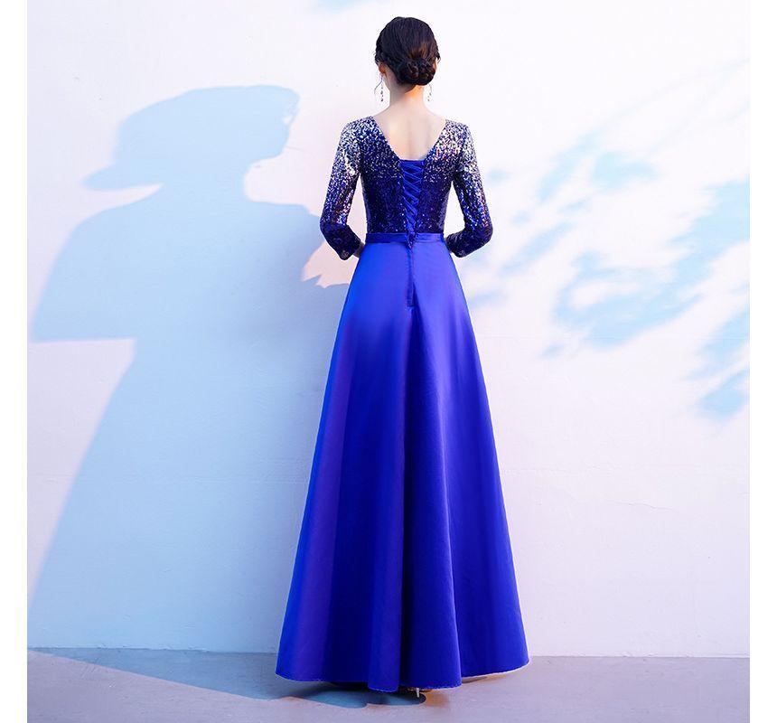 3/4-Sleeve Round Neck Plain Sequin Satin A-Line Evening Gown Product Image