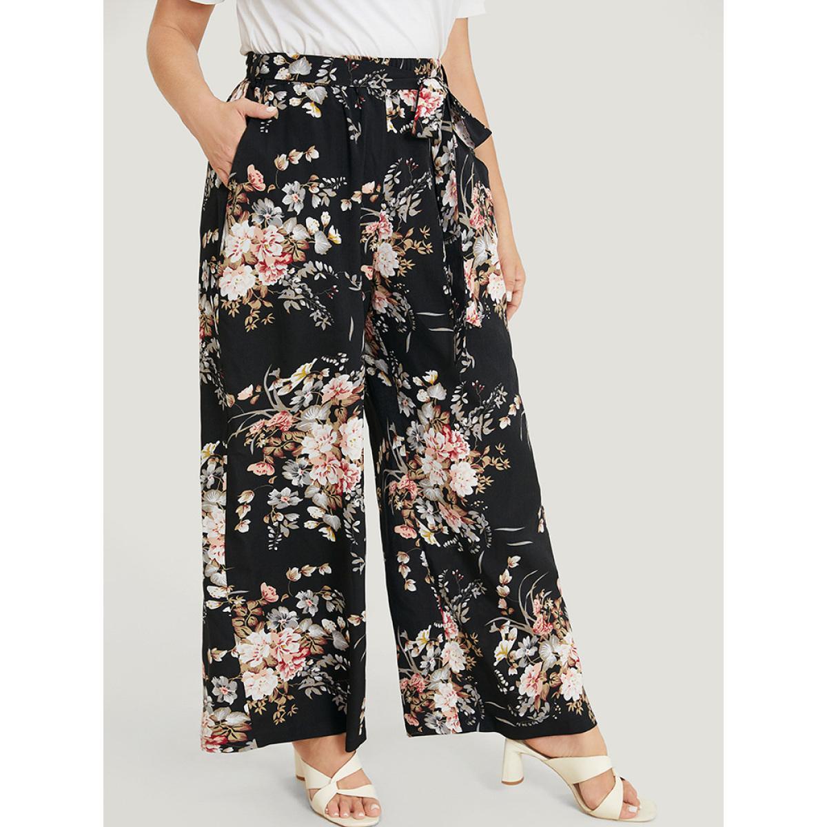 Plus Size Floral Pocket High Rise Wide Leg Belt Pants Women BlackFlower Elegant Loose High Rise Dailywear Pants BloomChic 10/M Product Image