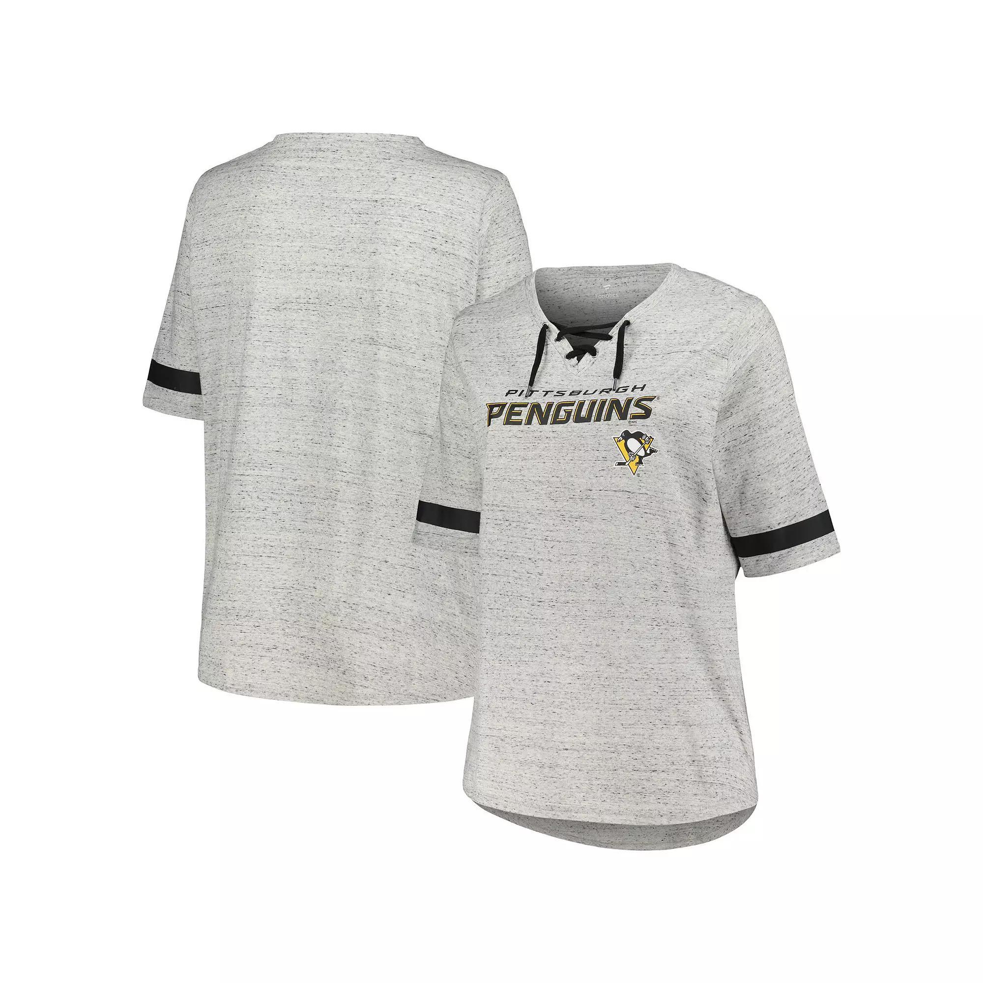 Women's Fanatics Branded Heather Gray Pittsburgh Penguins Plus Size Lace-Up  T-Shirt, Size: 1XL, Grey Product Image