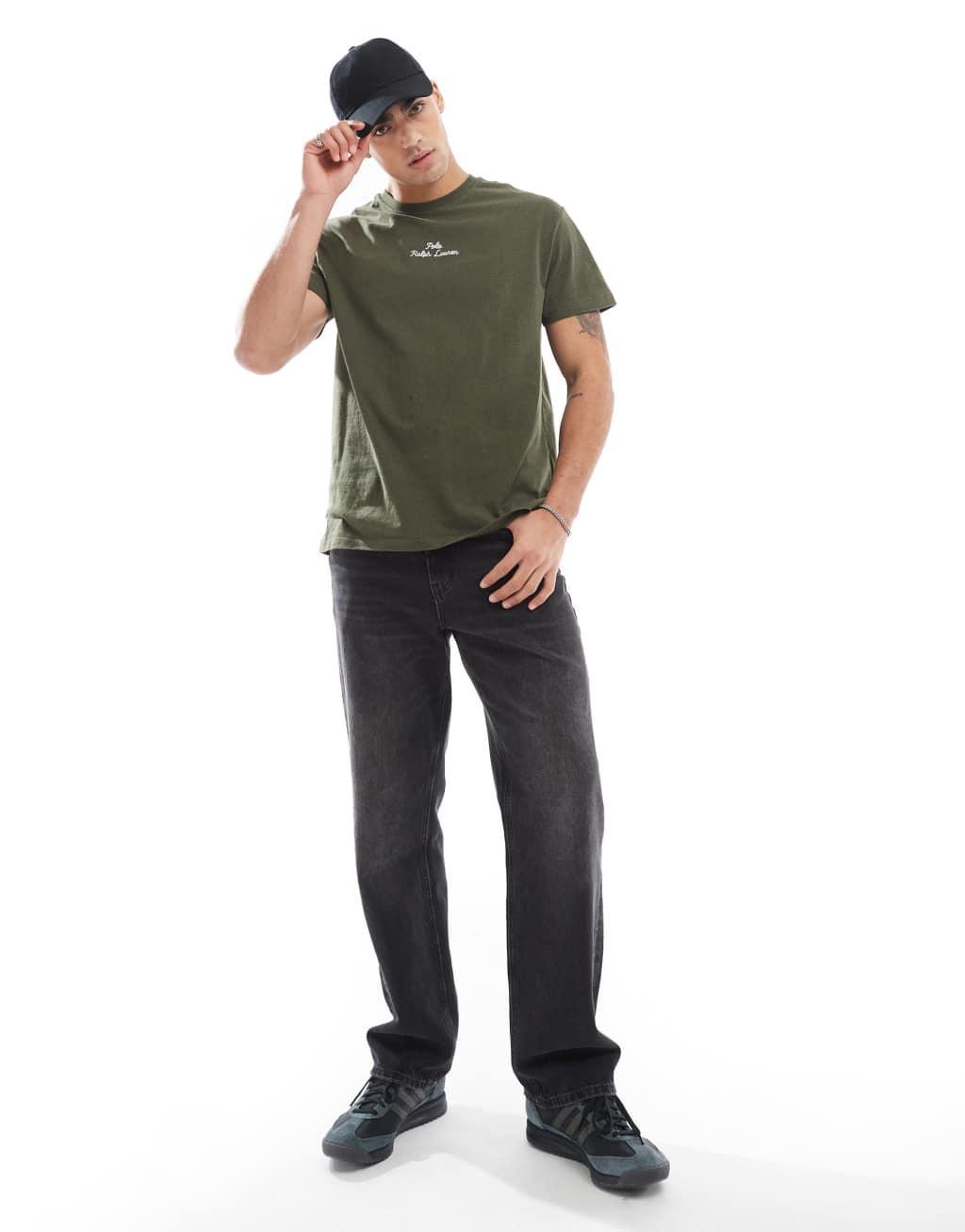 Polo Ralph Lauren central script logo T-shirt classic oversized fit in dark green heather Product Image