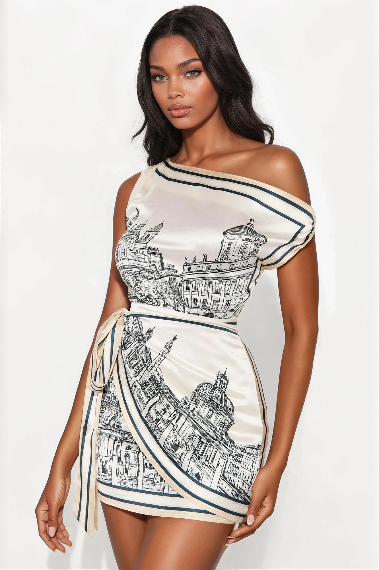 Travel To Europe Satin Mini Dress - Ivory/combo Female Product Image