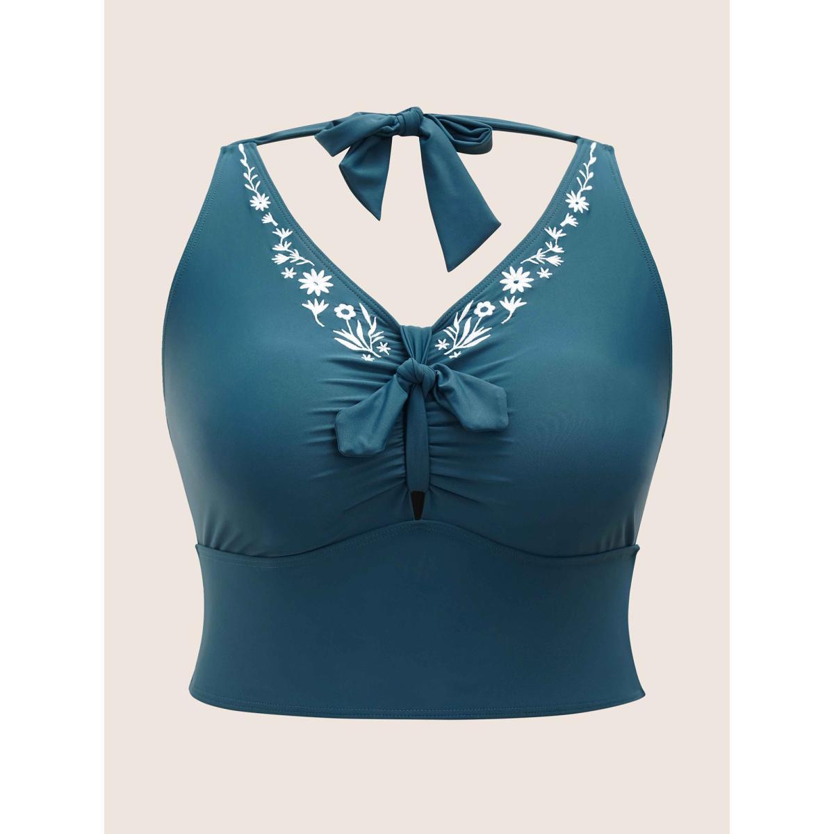 Plus Size Floral Embroidered Knot Ruched Swim Top Women's Swimwear Cyan Beach Non High stretch Skinny V-neck Curve Swim Tops BloomChic 30/6X Product Image