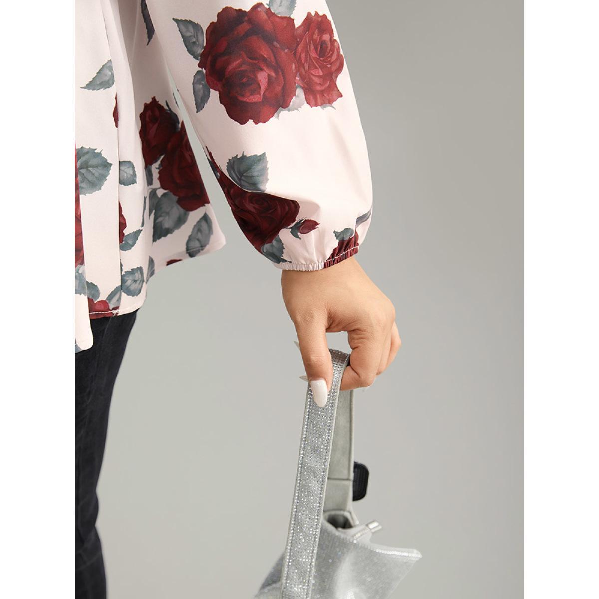 Plus Size Scarlet Floral Print Eyelet Lace Lantern Sleeve Blouse Women Glamour Long Sleeve V-neck Going out Blouses BloomChic 28/5X Product Image