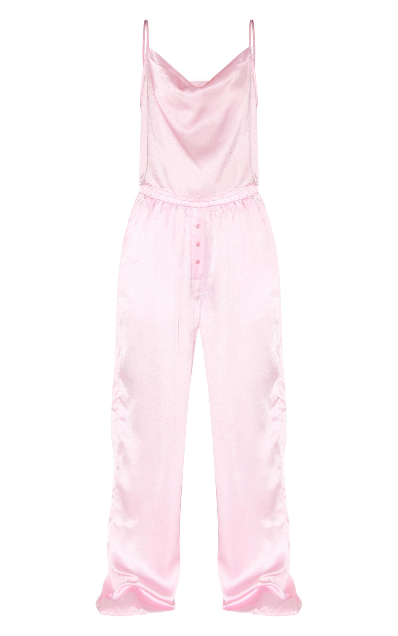 Pink Satin Cowl Neck Cami And Button Pant PJ Set Product Image