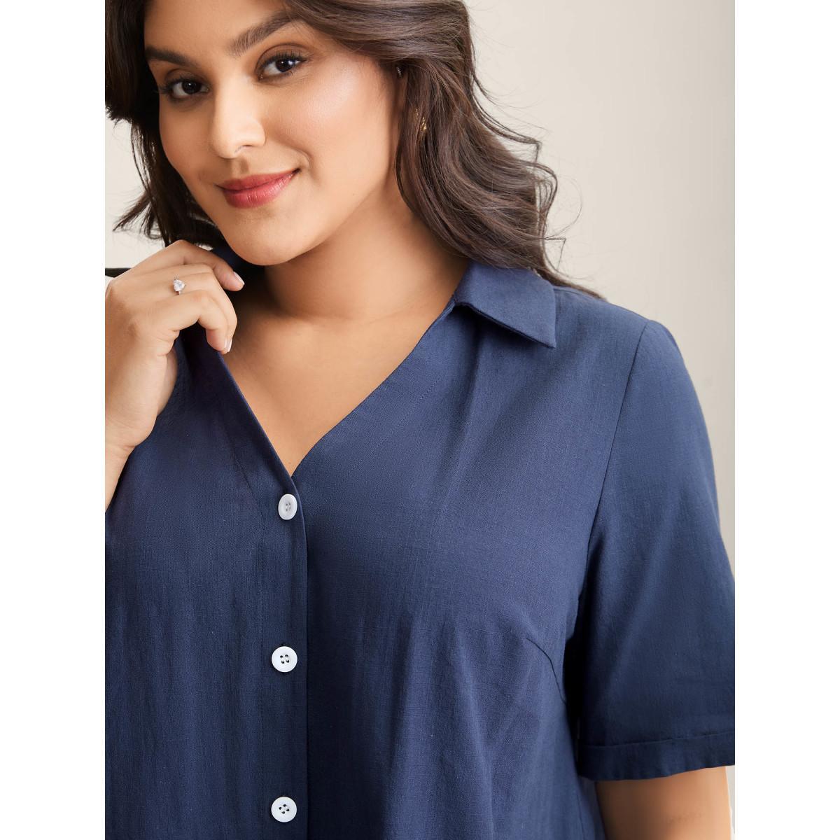 Plus Size Indigo Cotton Collar Button Placket Blouse Women Half Sleeve Shirt collar Everyday-Casual Blouses BloomChic 30/6X Product Image