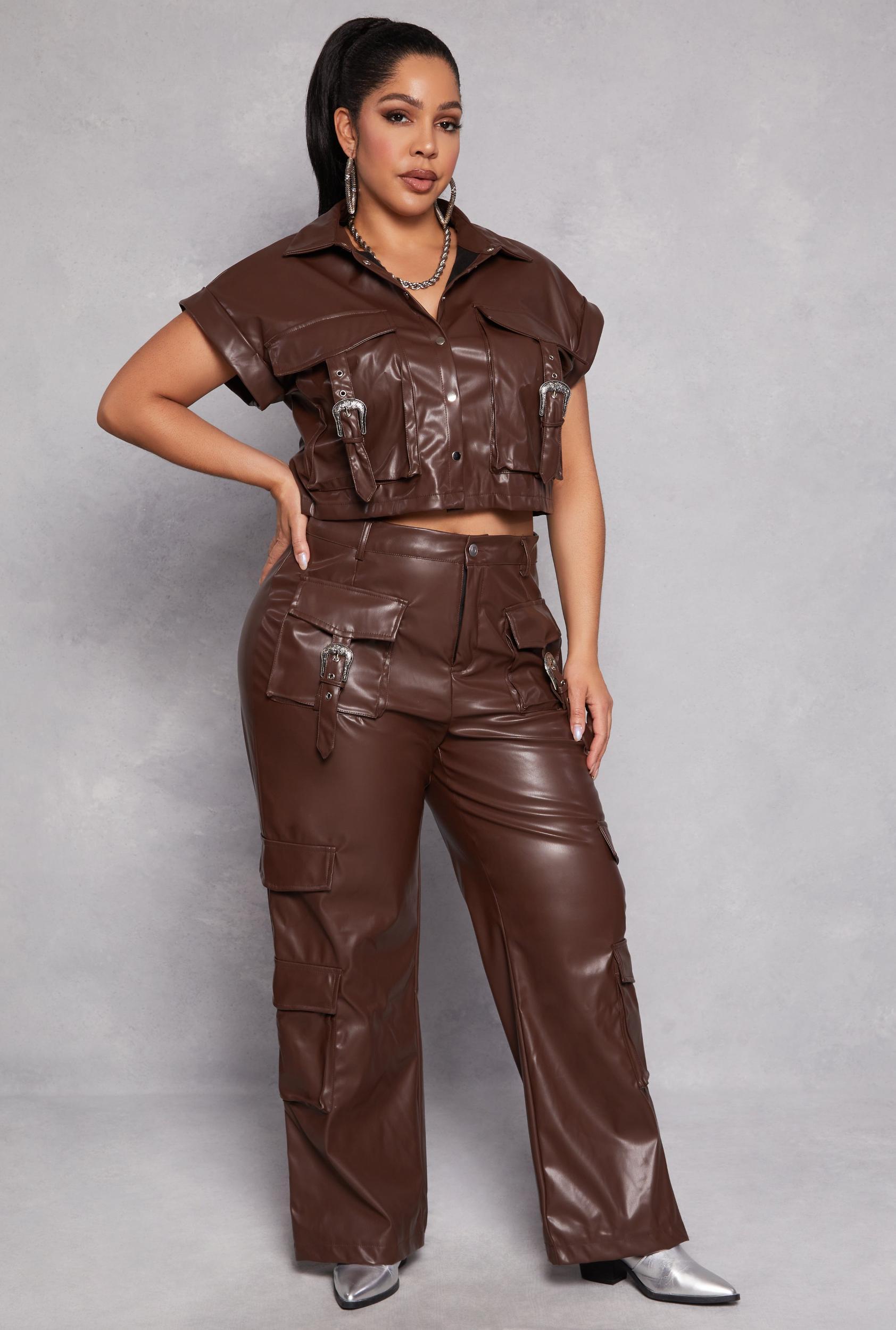 Womens Plus Size Faux Leather Western Buckle Cargo Pants Product Image